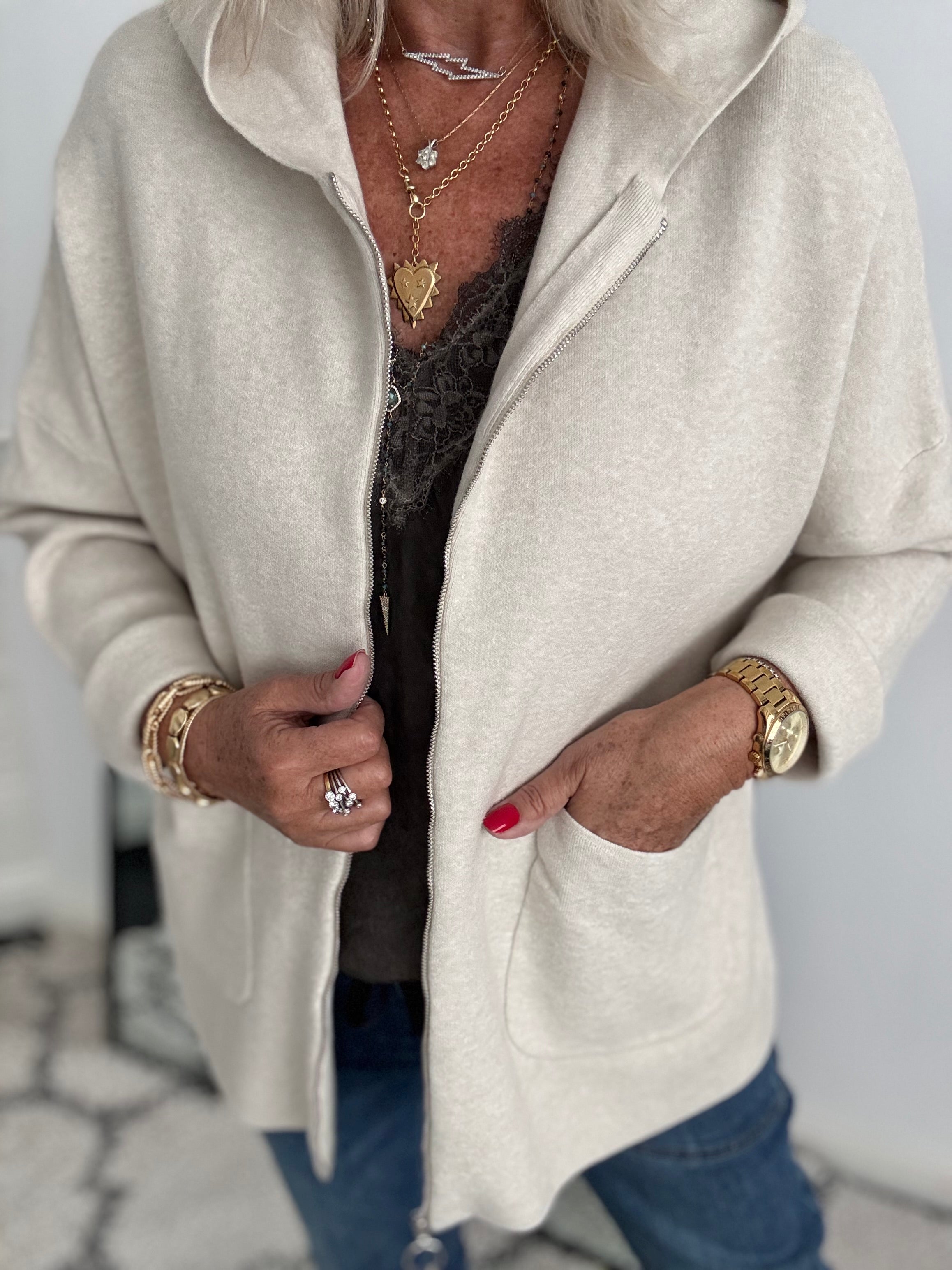 Hooded Zipped Coatigan in Ecru