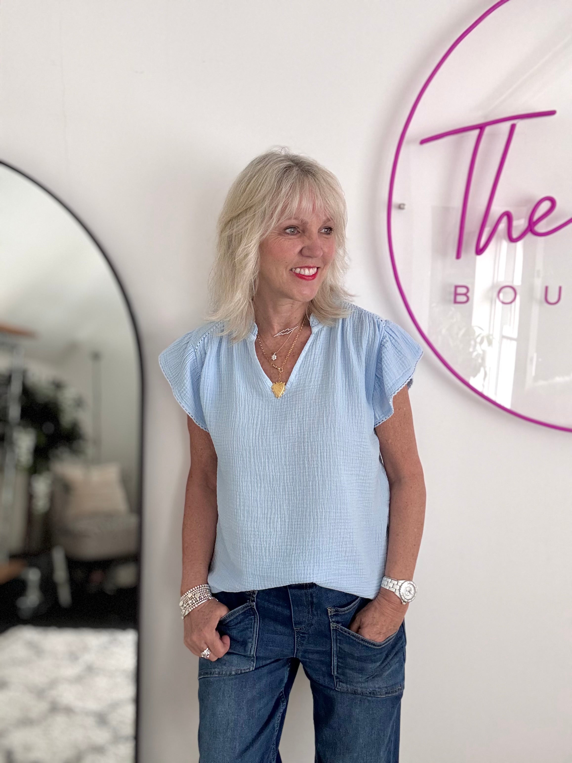 Cheesecloth Top with Ruffle Sleeves in Light Blue