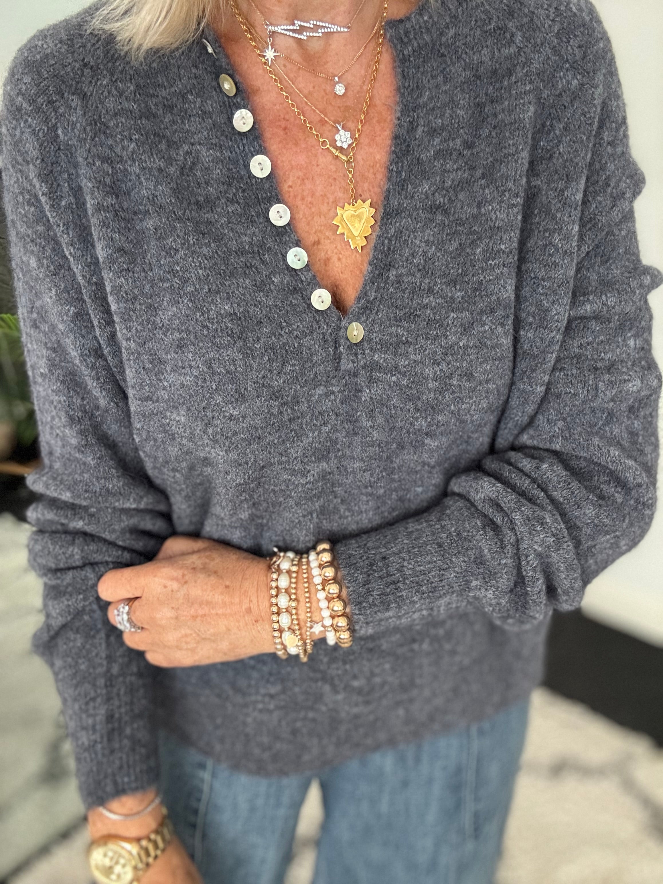 Softie Jumper with Button Neck in Charcoal