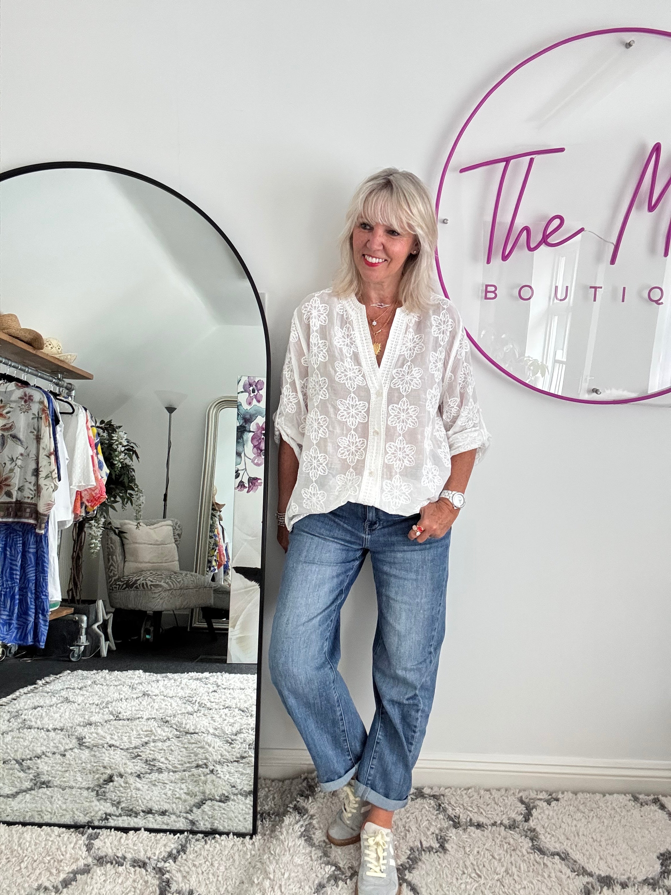Embroidered Buttoned Top in Ivory