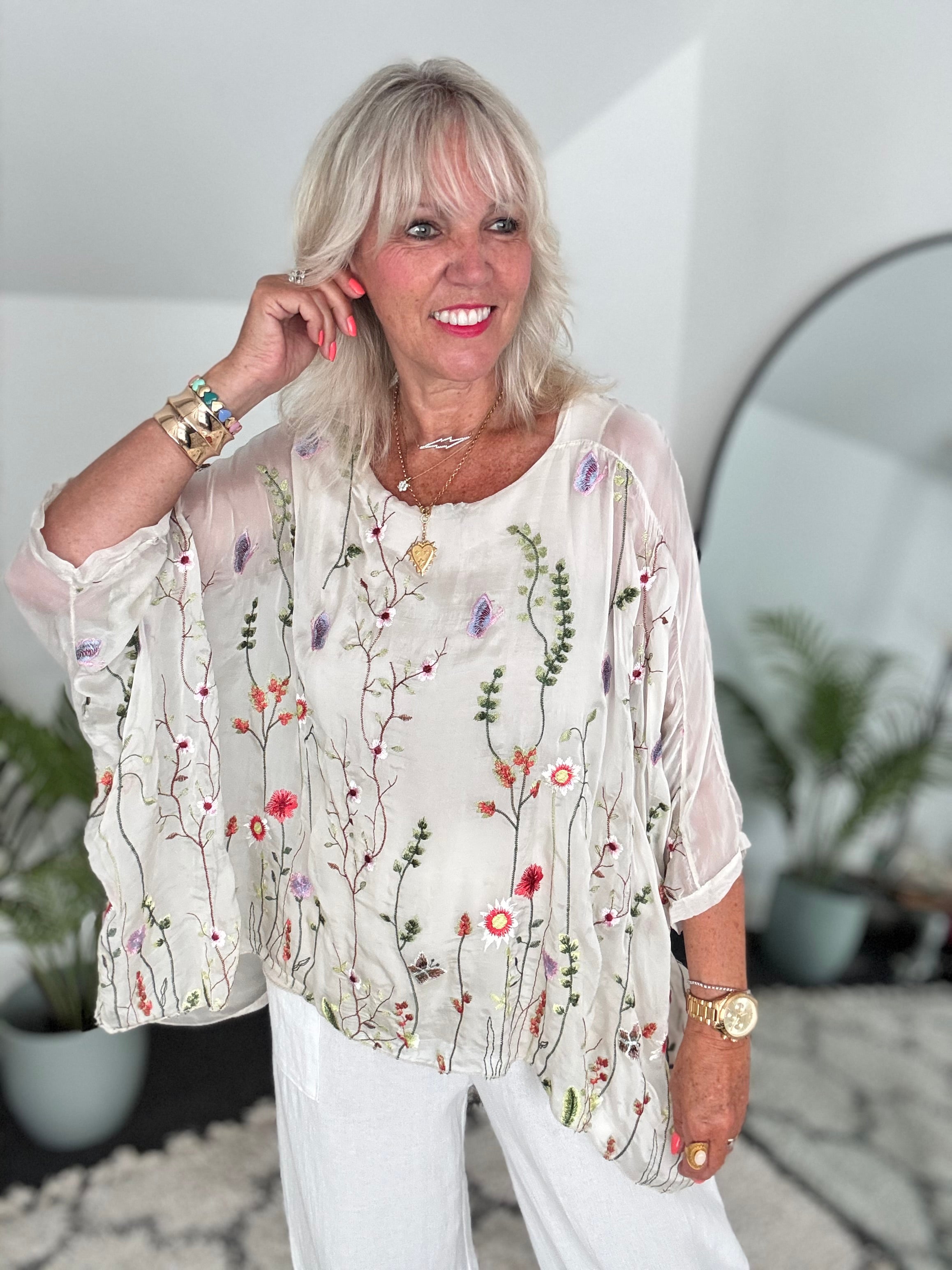 Silk Embroidered Top in Pale Ecru