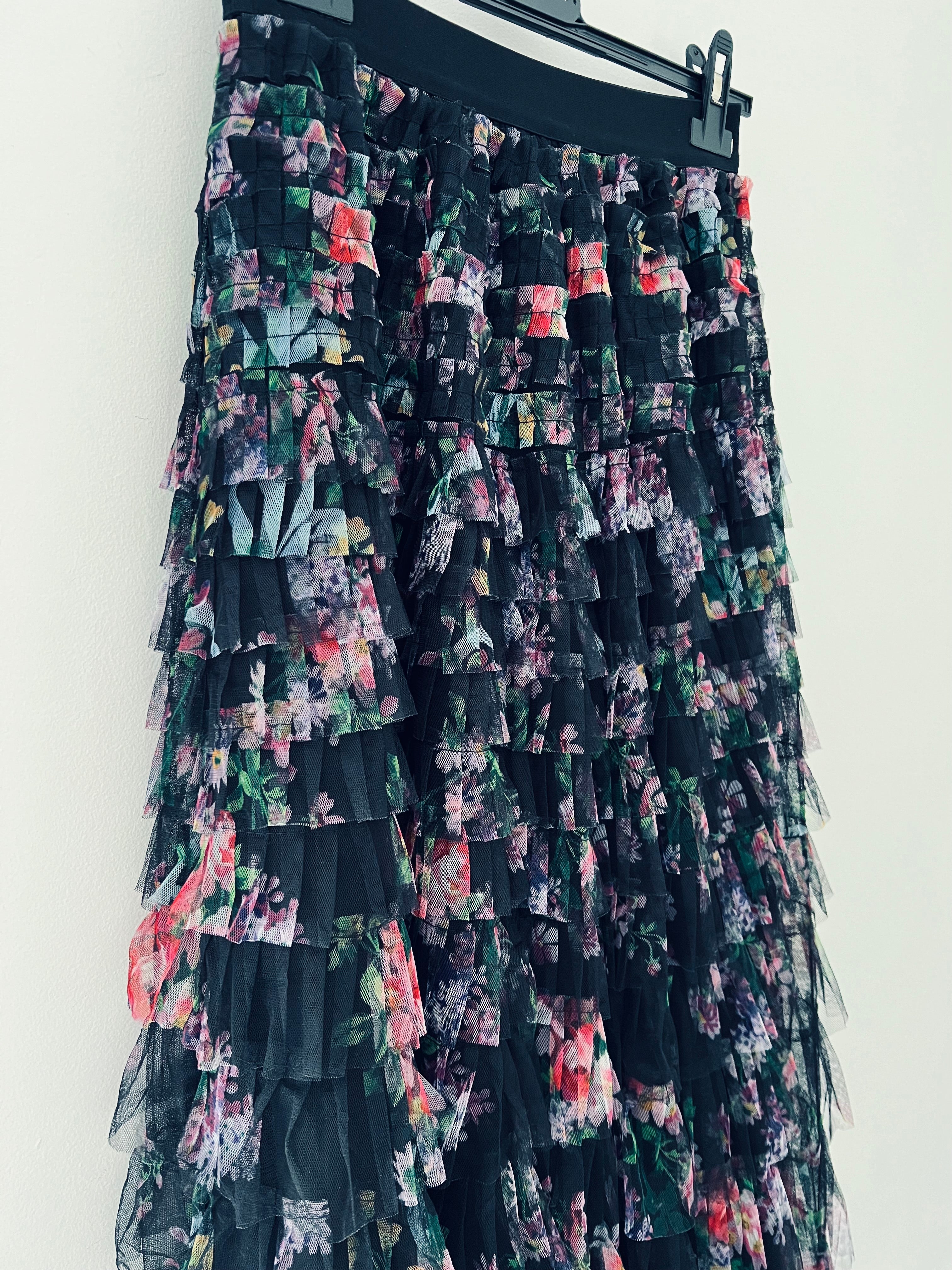 Tulle Midi Skirt in Black Floral
