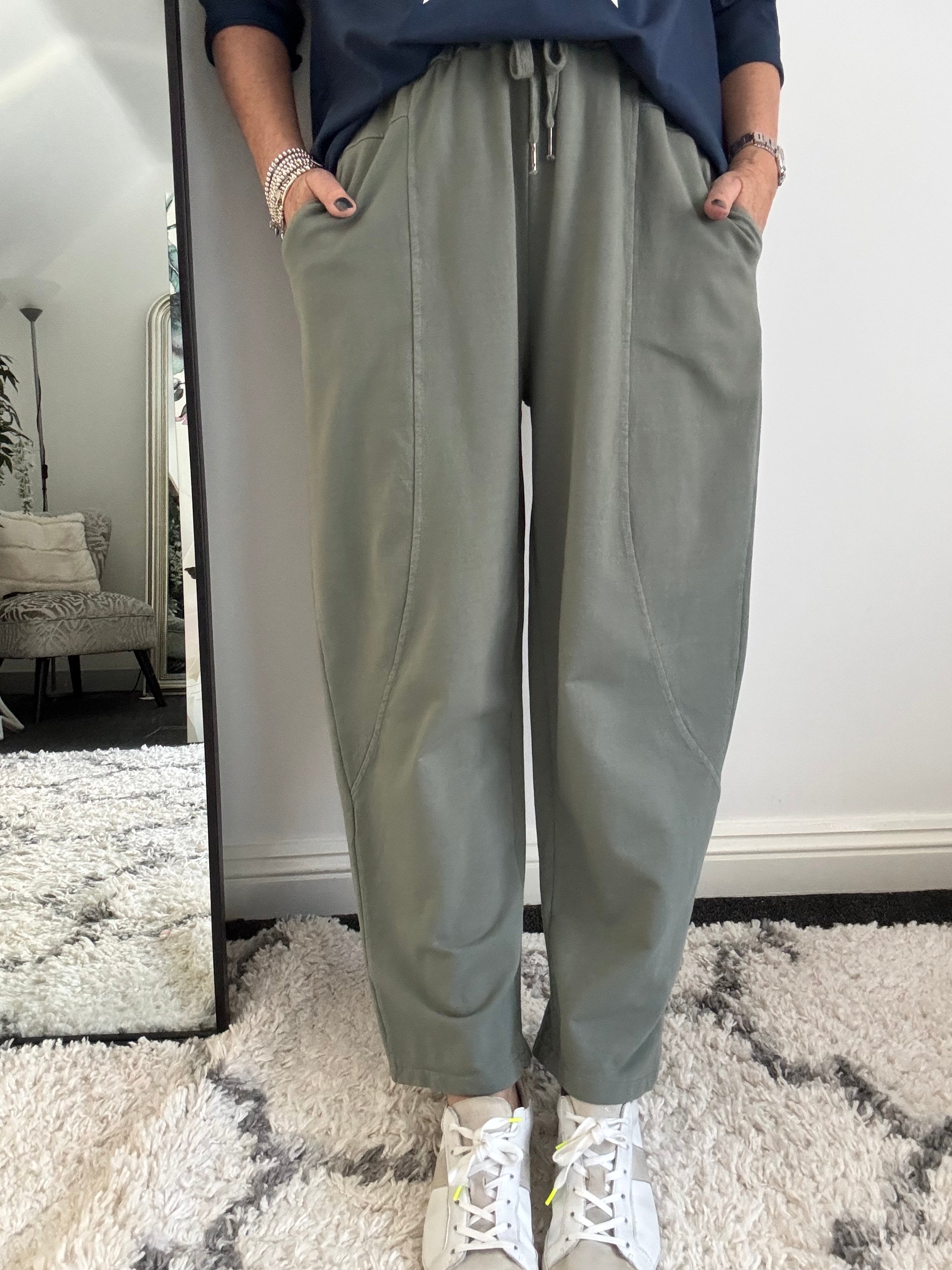 Stretch Jersey Trousers with Topstitching in Khaki