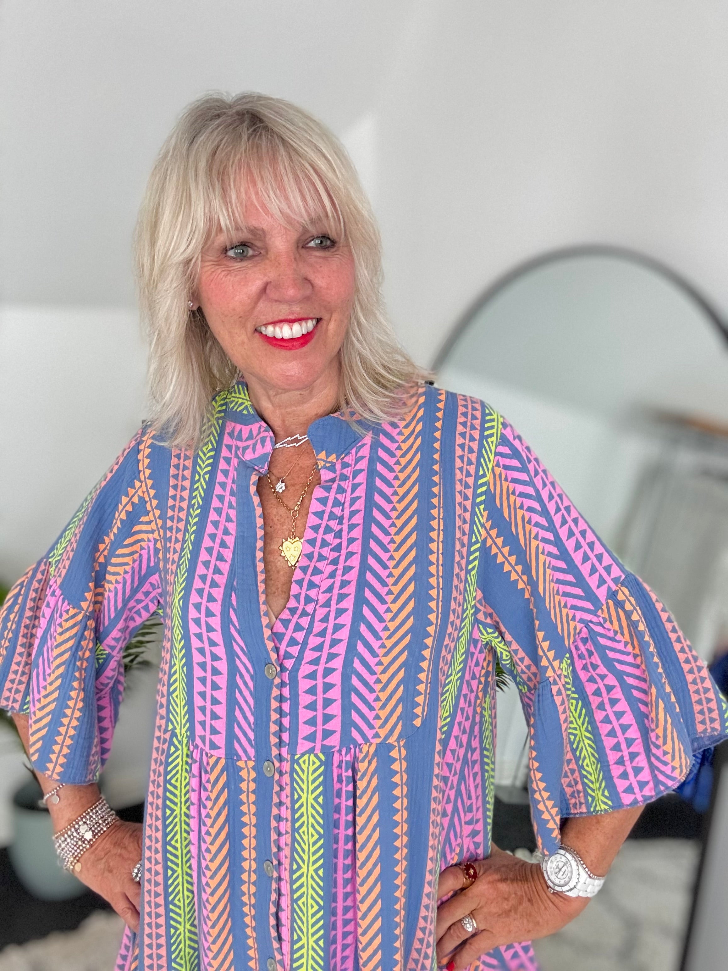 Cheesecloth Dress in Blue & Lilac Aztec