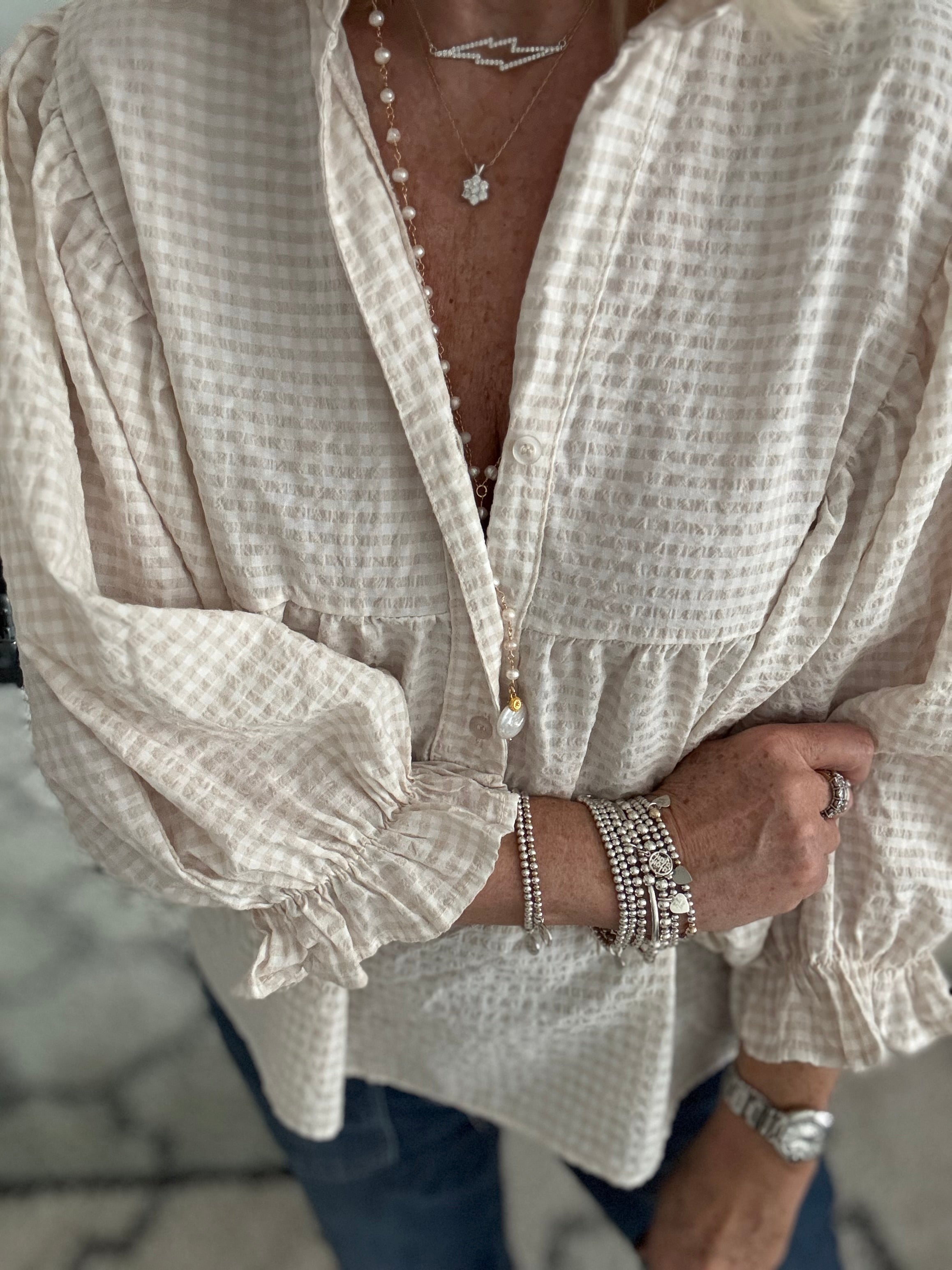 Gingham Seersucker Blouse in Stone