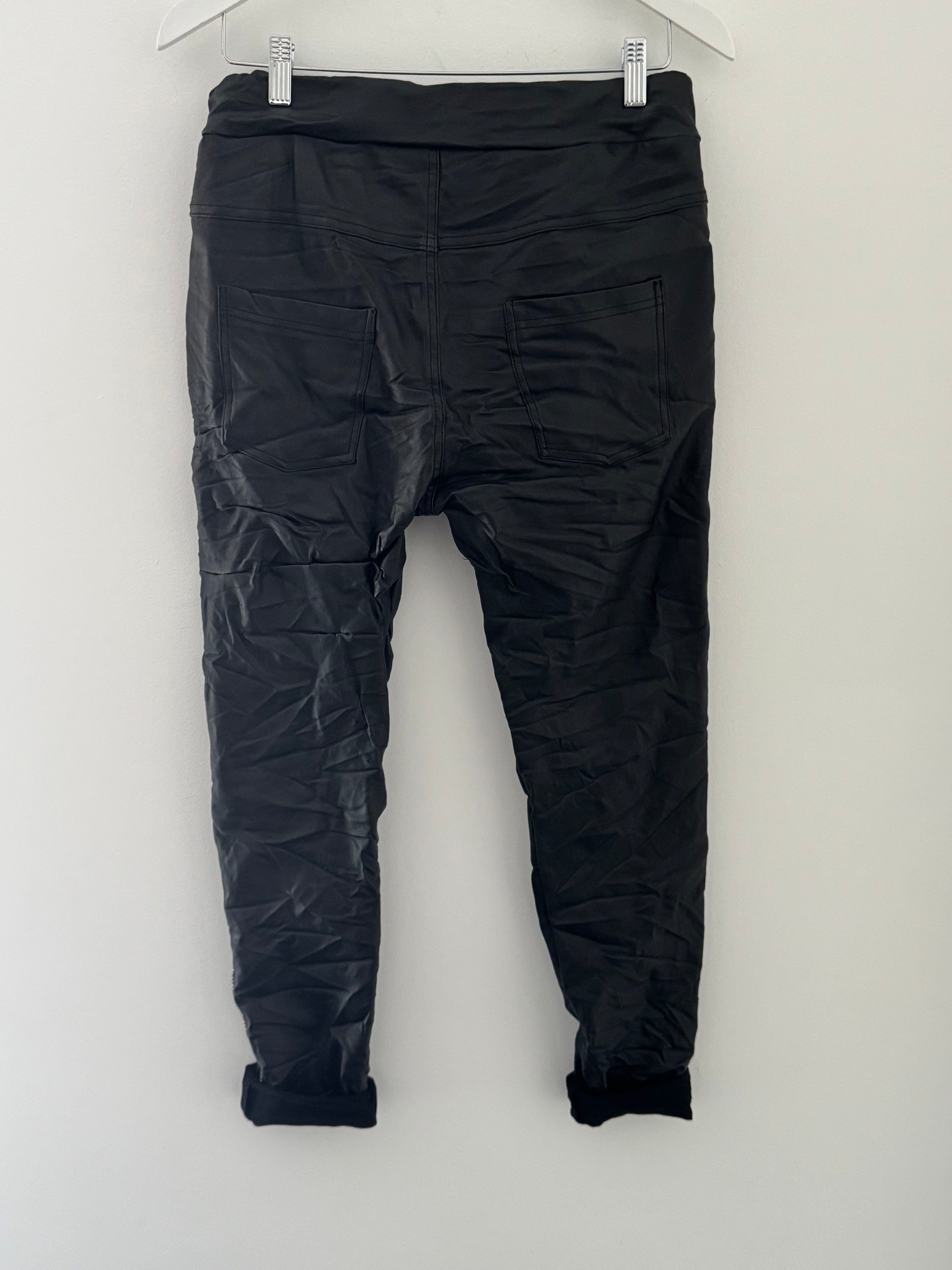 Waxed Rhinestone Joggers in Black
