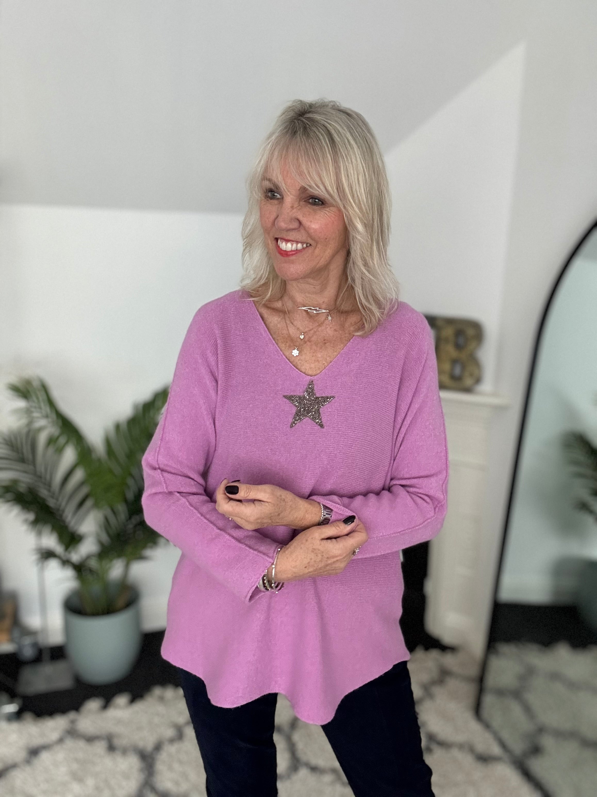 V Neck Glitter Star Jumper in Lilac