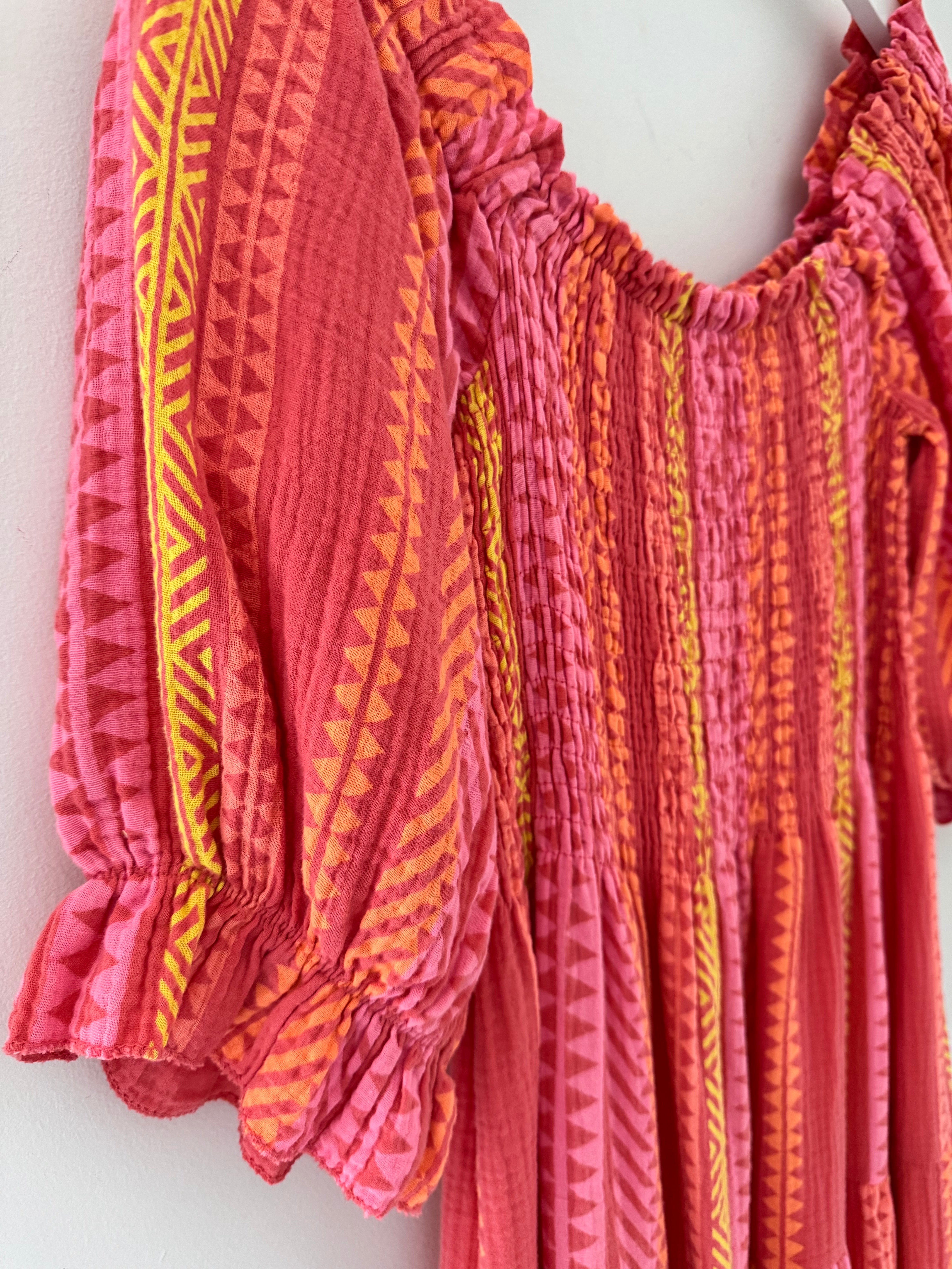 Aztec Shirred Midi Dress in Coral & Citrus