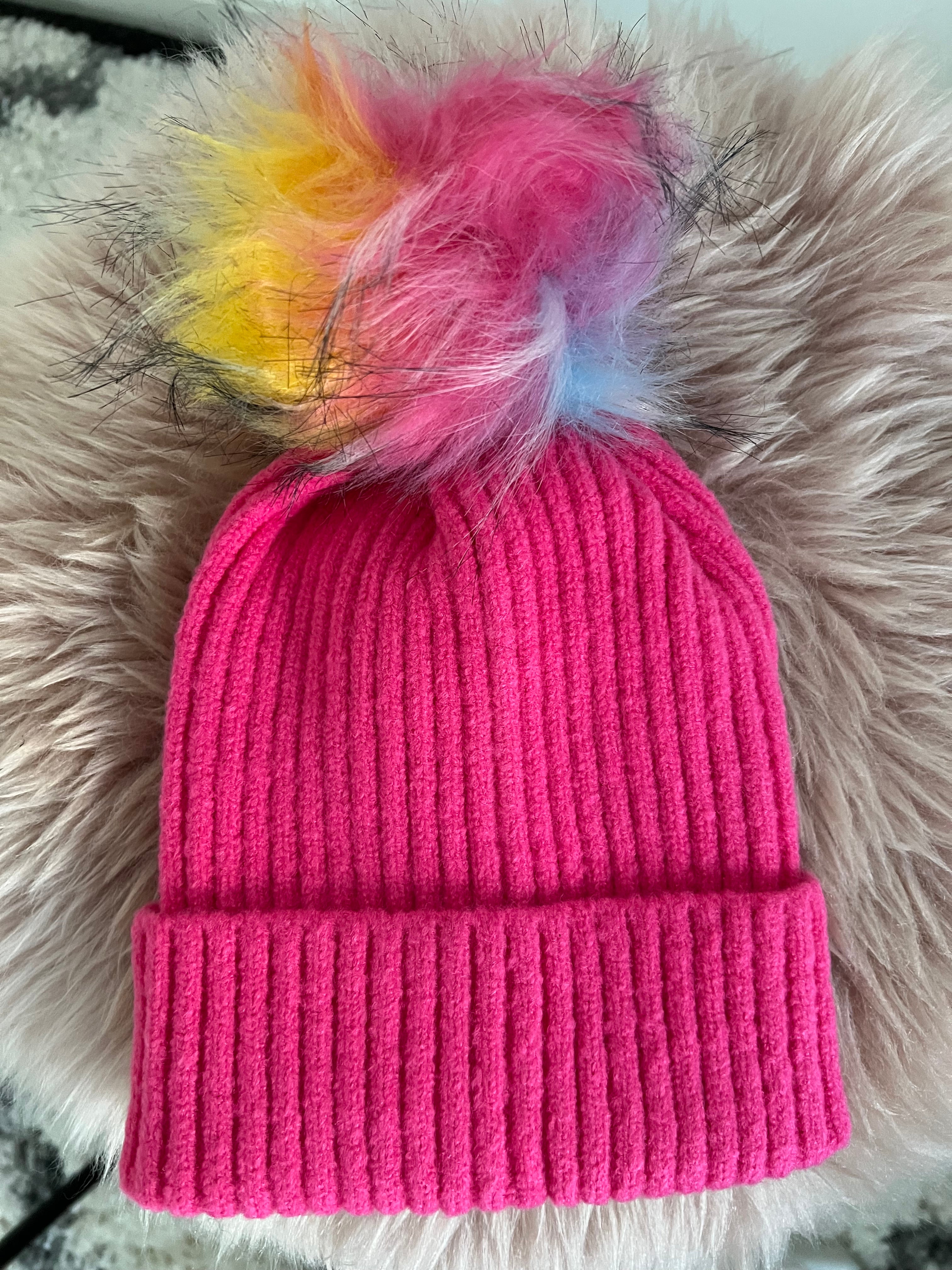 Multi-Coloured Bobble Hat in Bright Pink