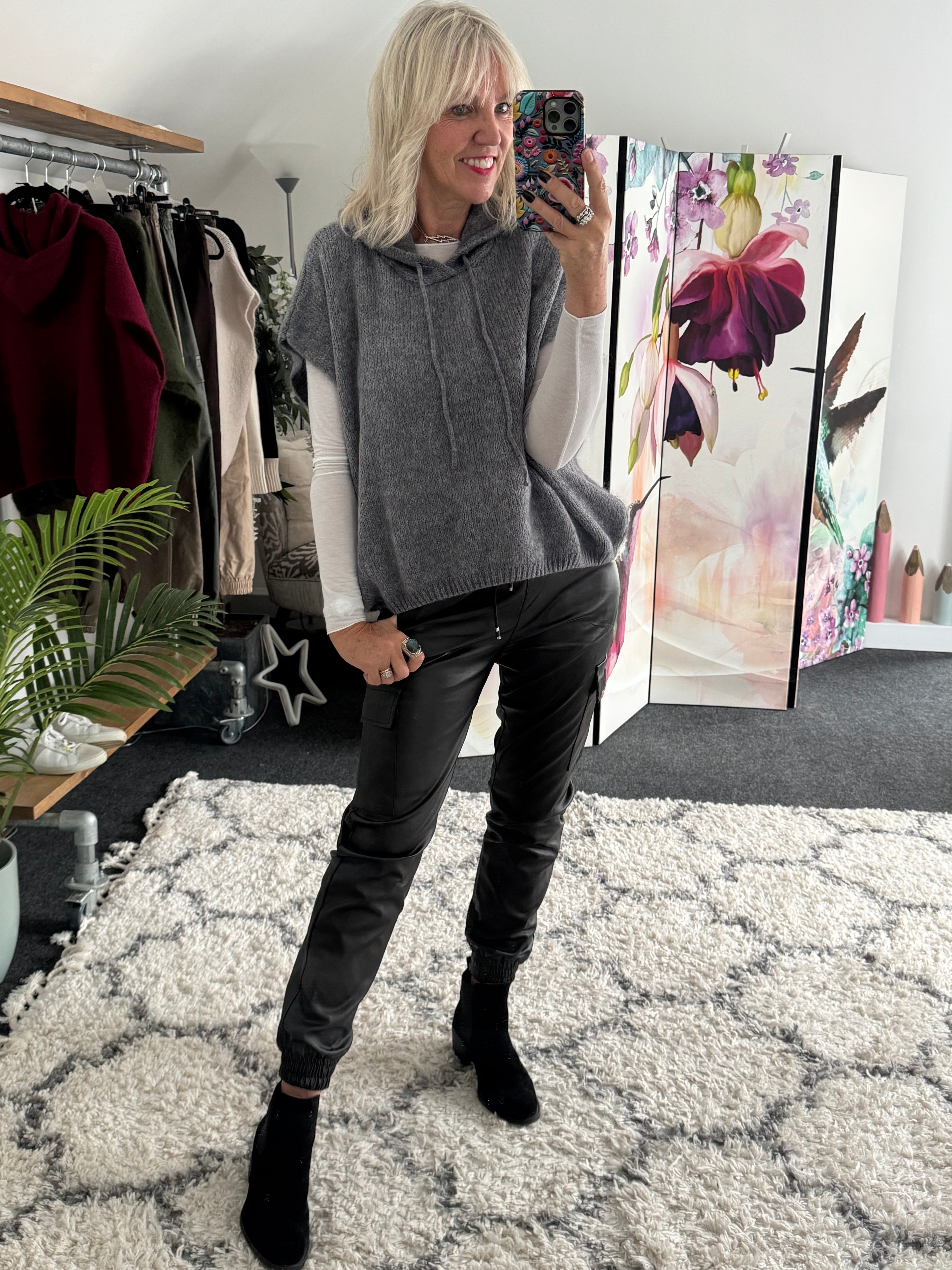 Leather Look Cargo Joggers in Black