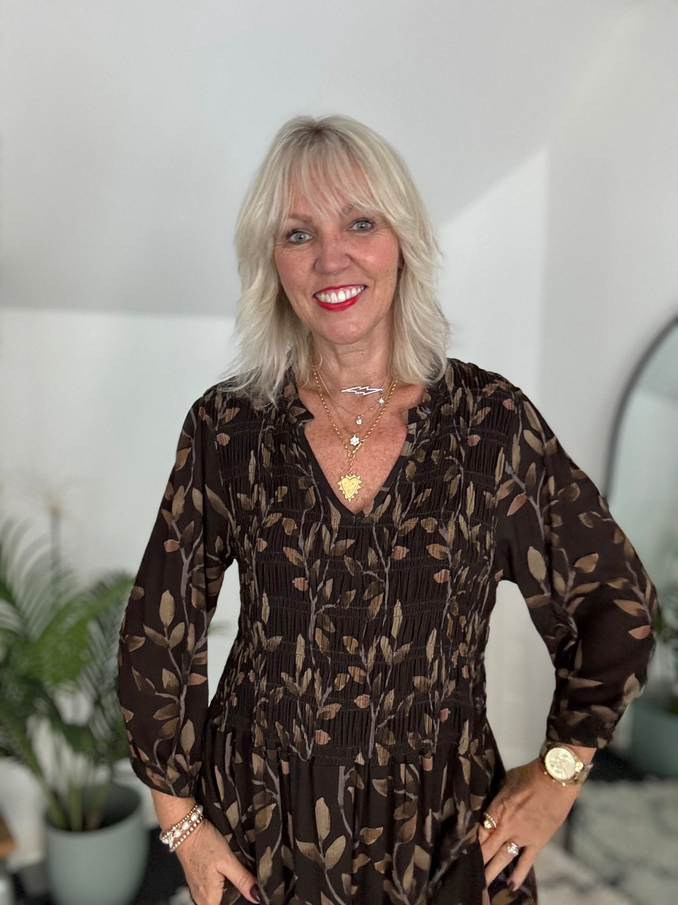 Leaf Print Dress with Shirred Bodice in Chocolate