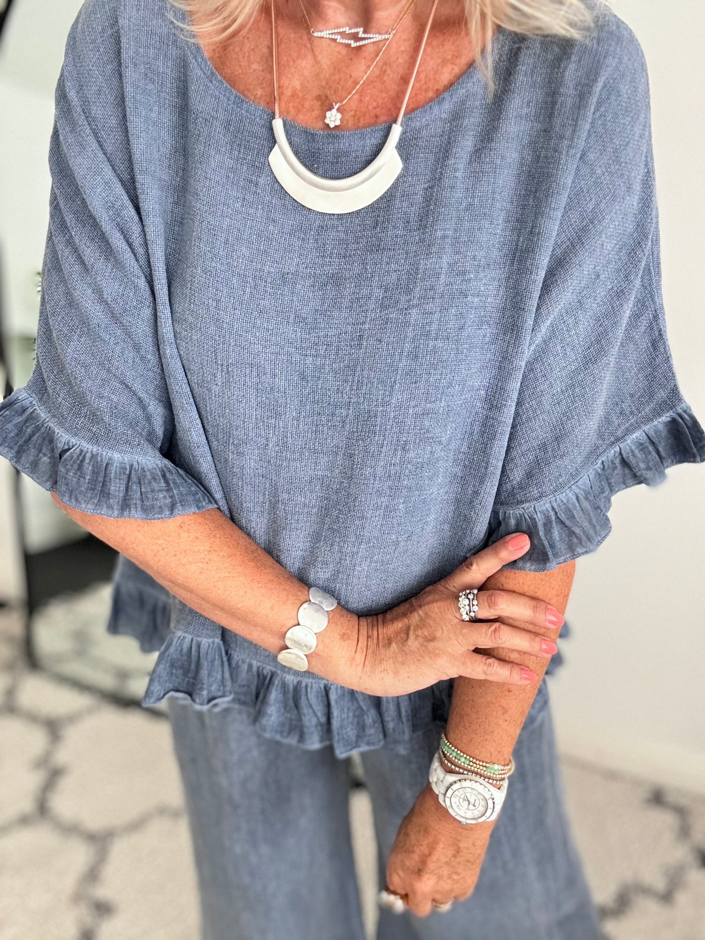 Linen & Cotton Ruffle Edge Top in Denim Blue