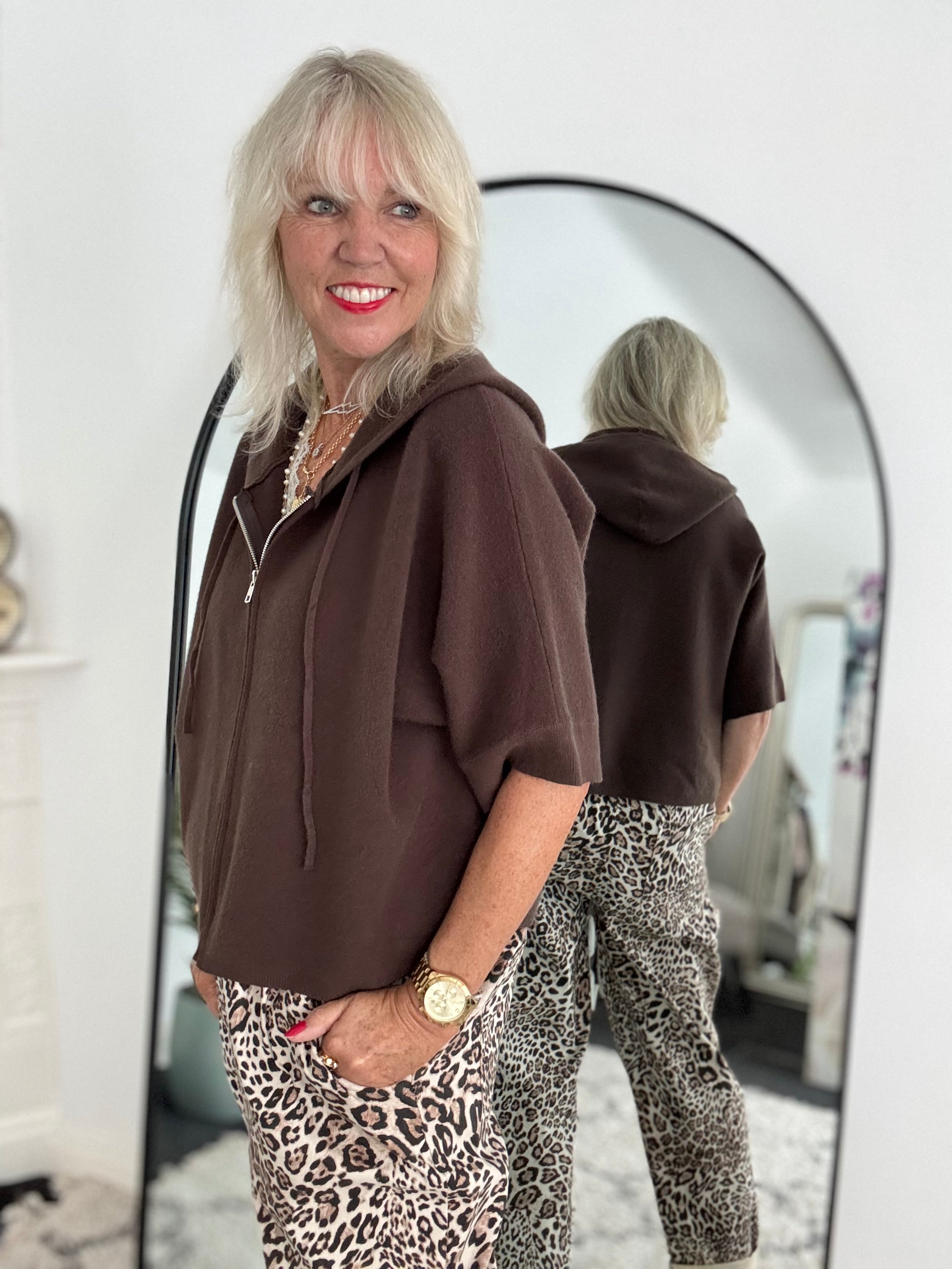 Soft Hooded Zipped Knit in Chocolate