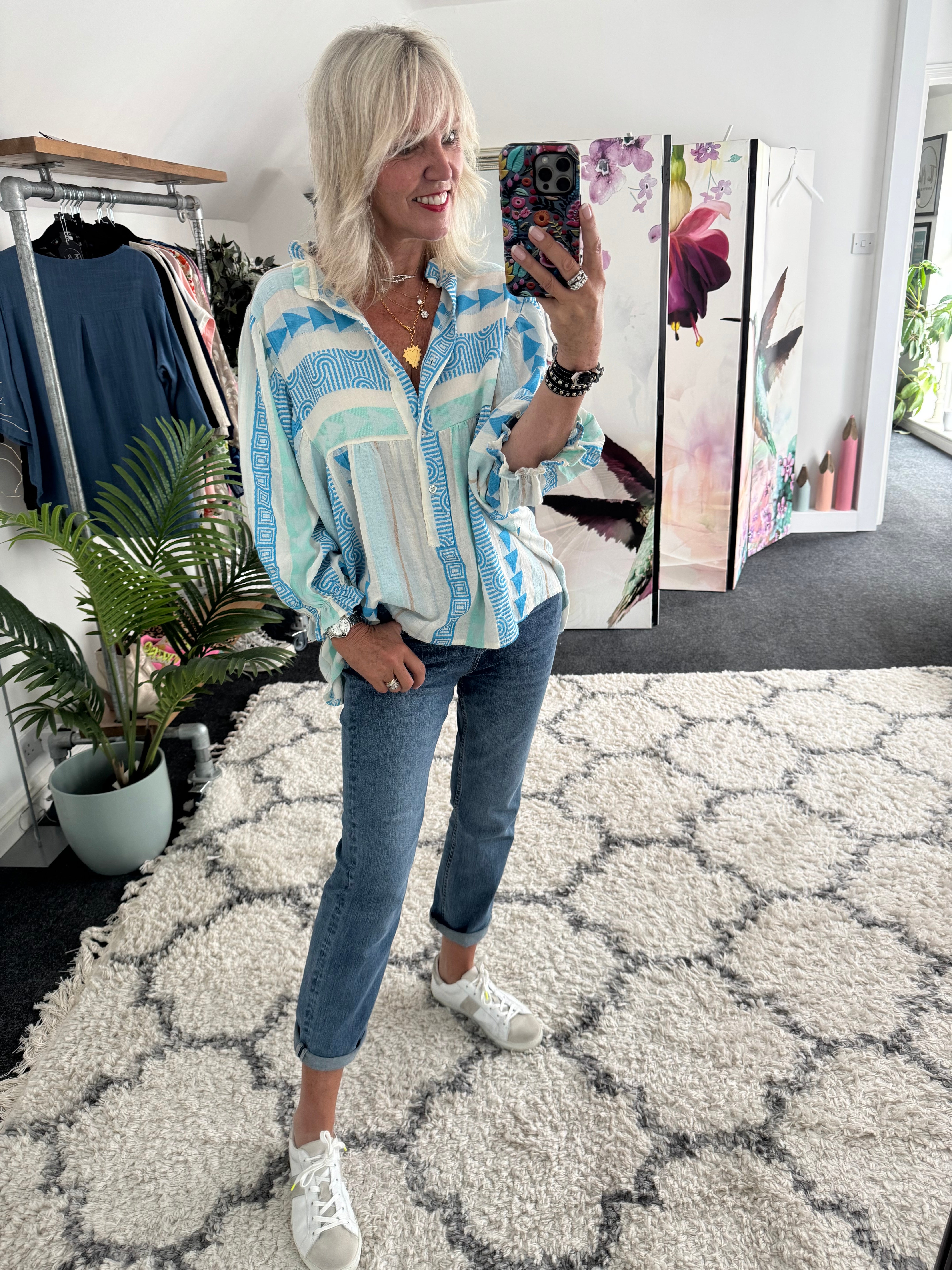Embroidered Shirt in Blue & Mint