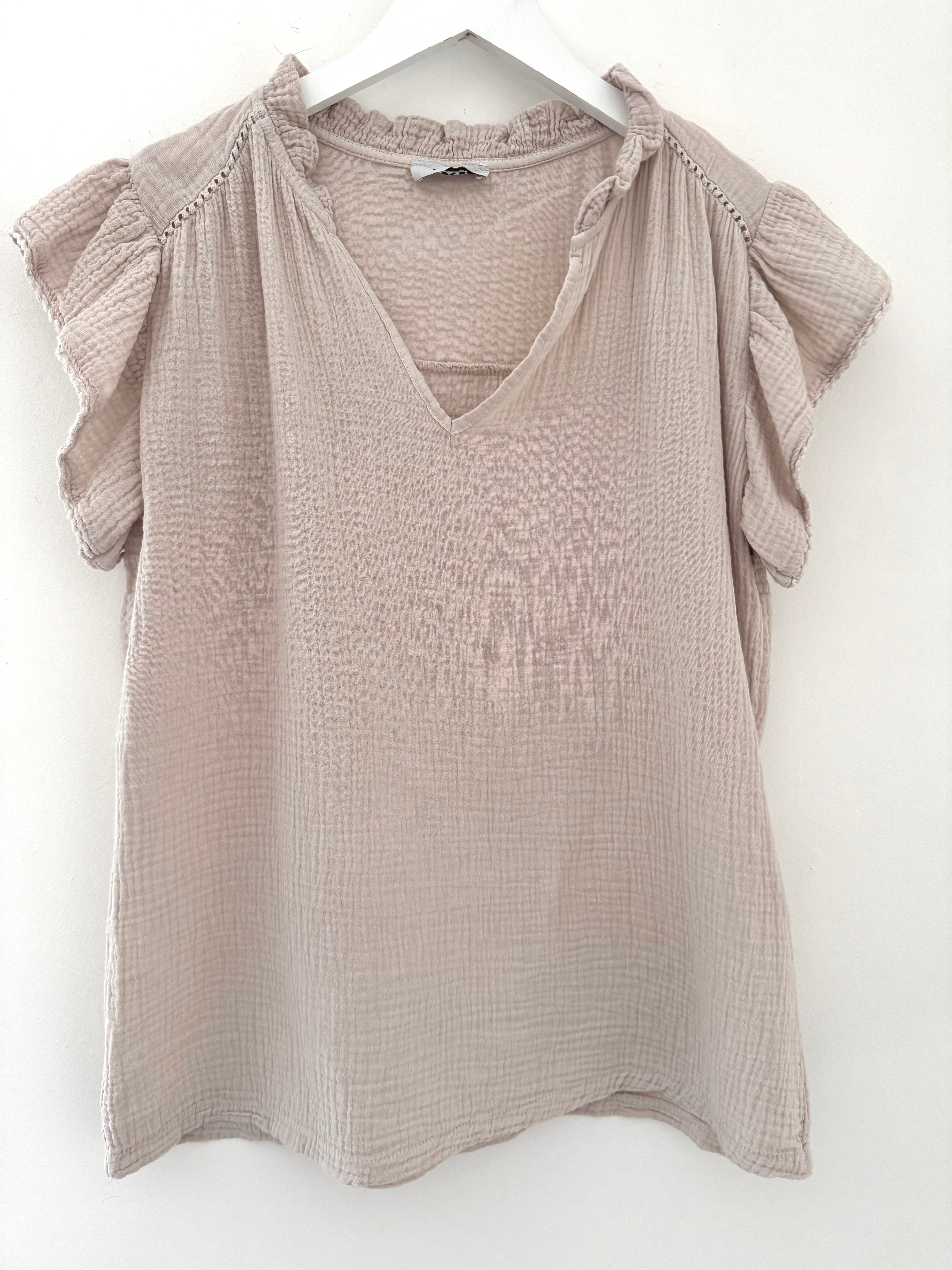 Cheesecloth Top with Ruffle Sleeves in Stone