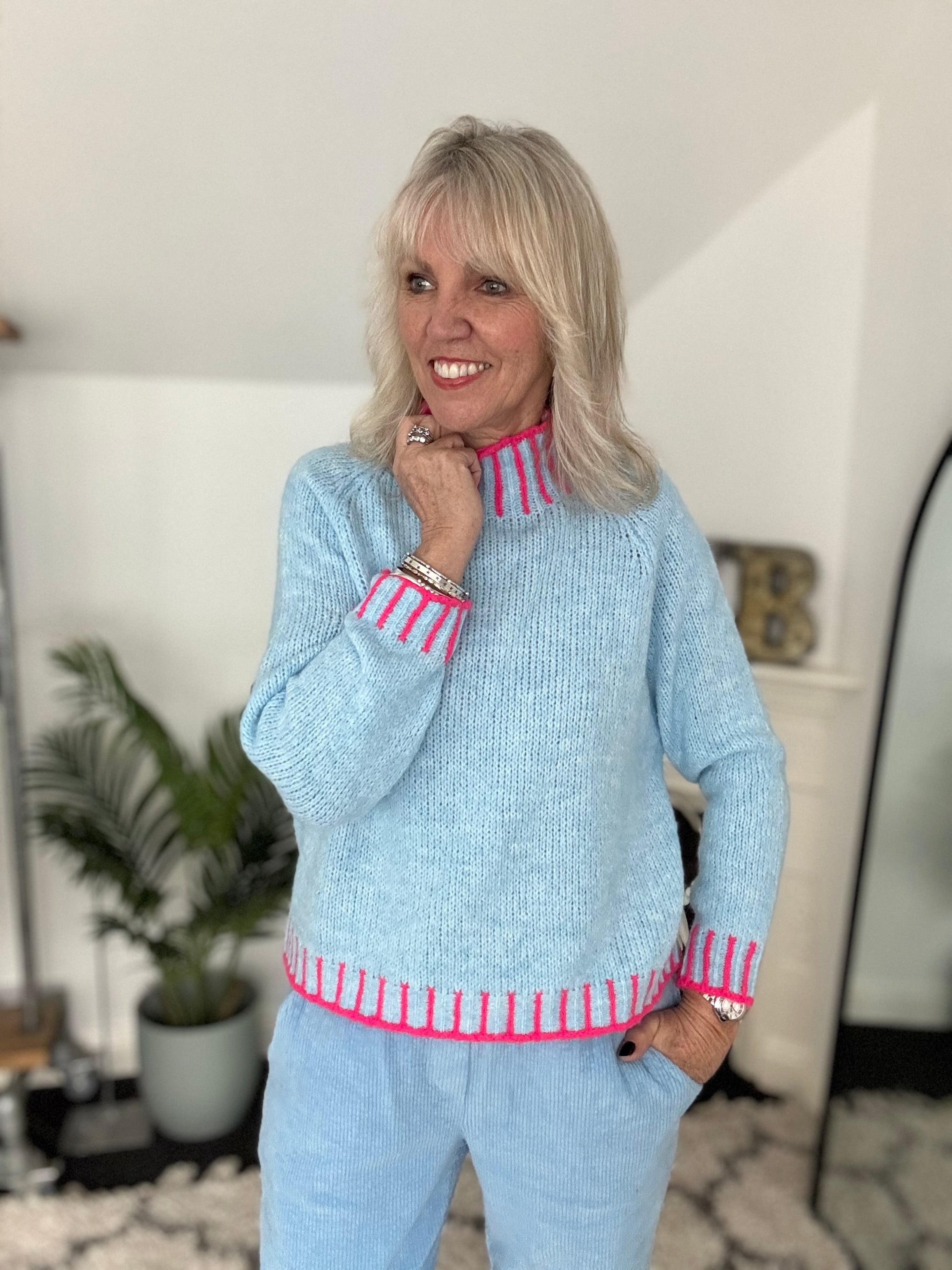 Stunning Funnel Neck Jumper in Blue & Pink