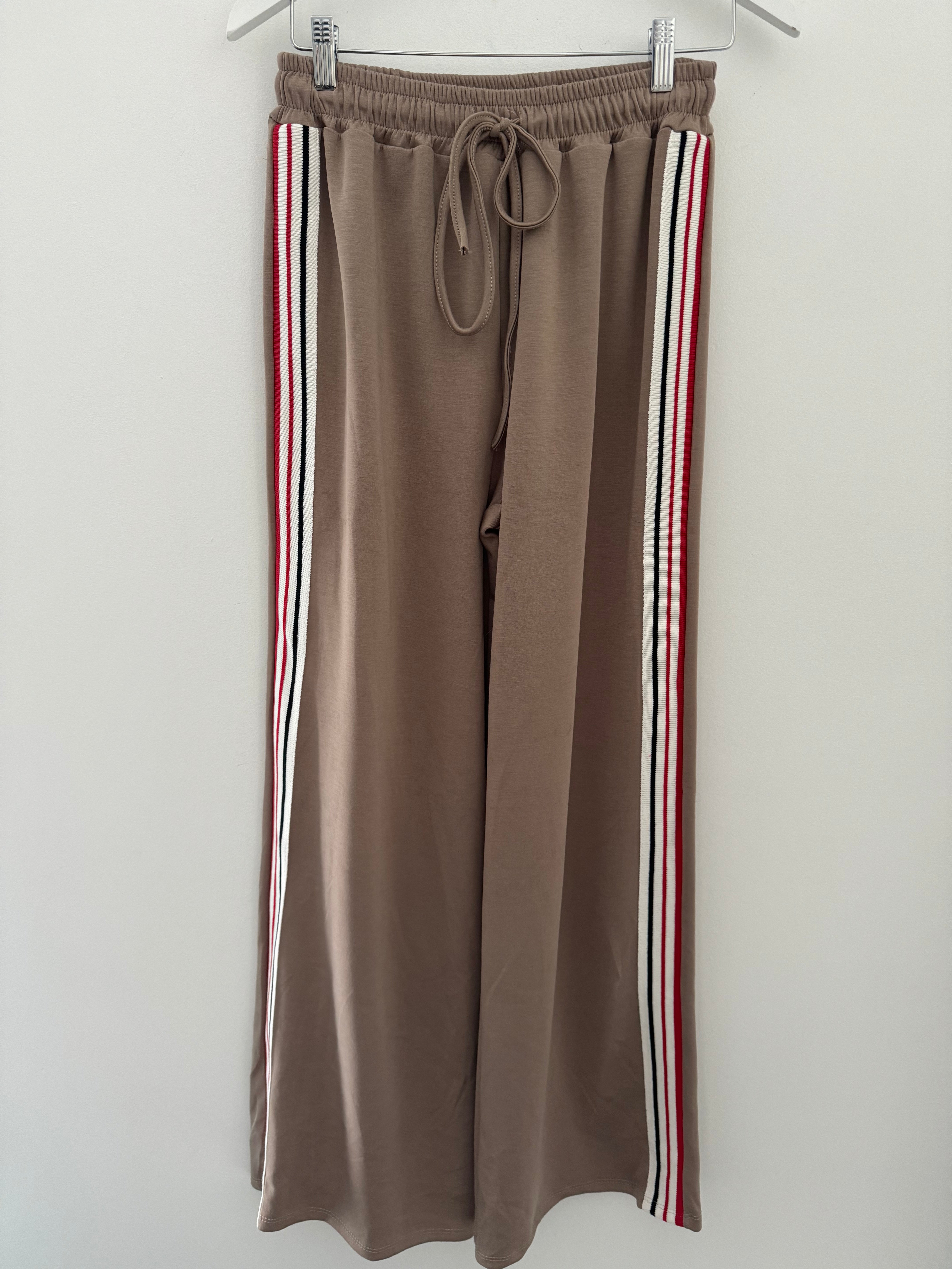 Wide Leg Jersey Trousers with Side Stripes in Mocha