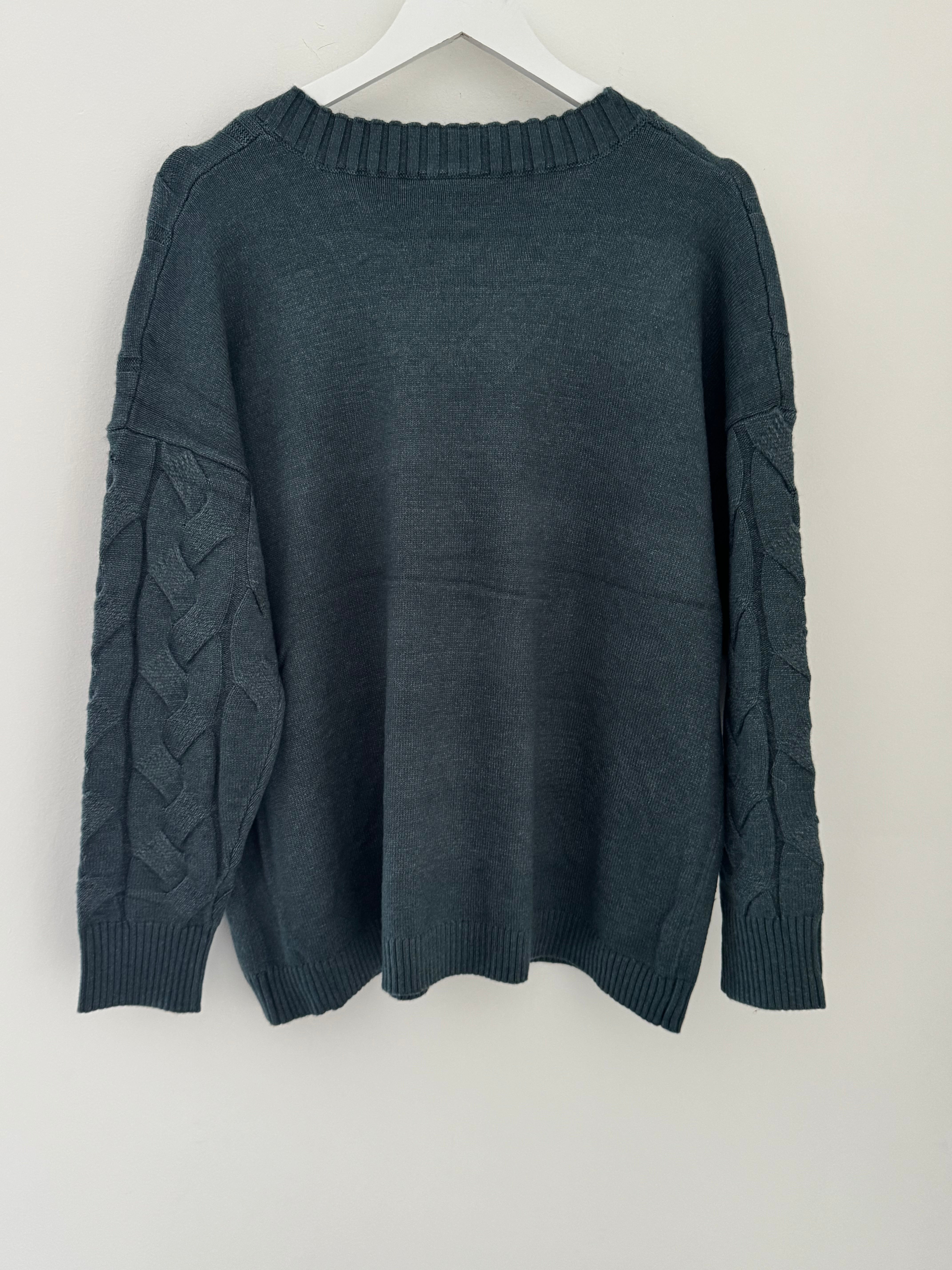 V Neck Cable Jumper in Sea Green