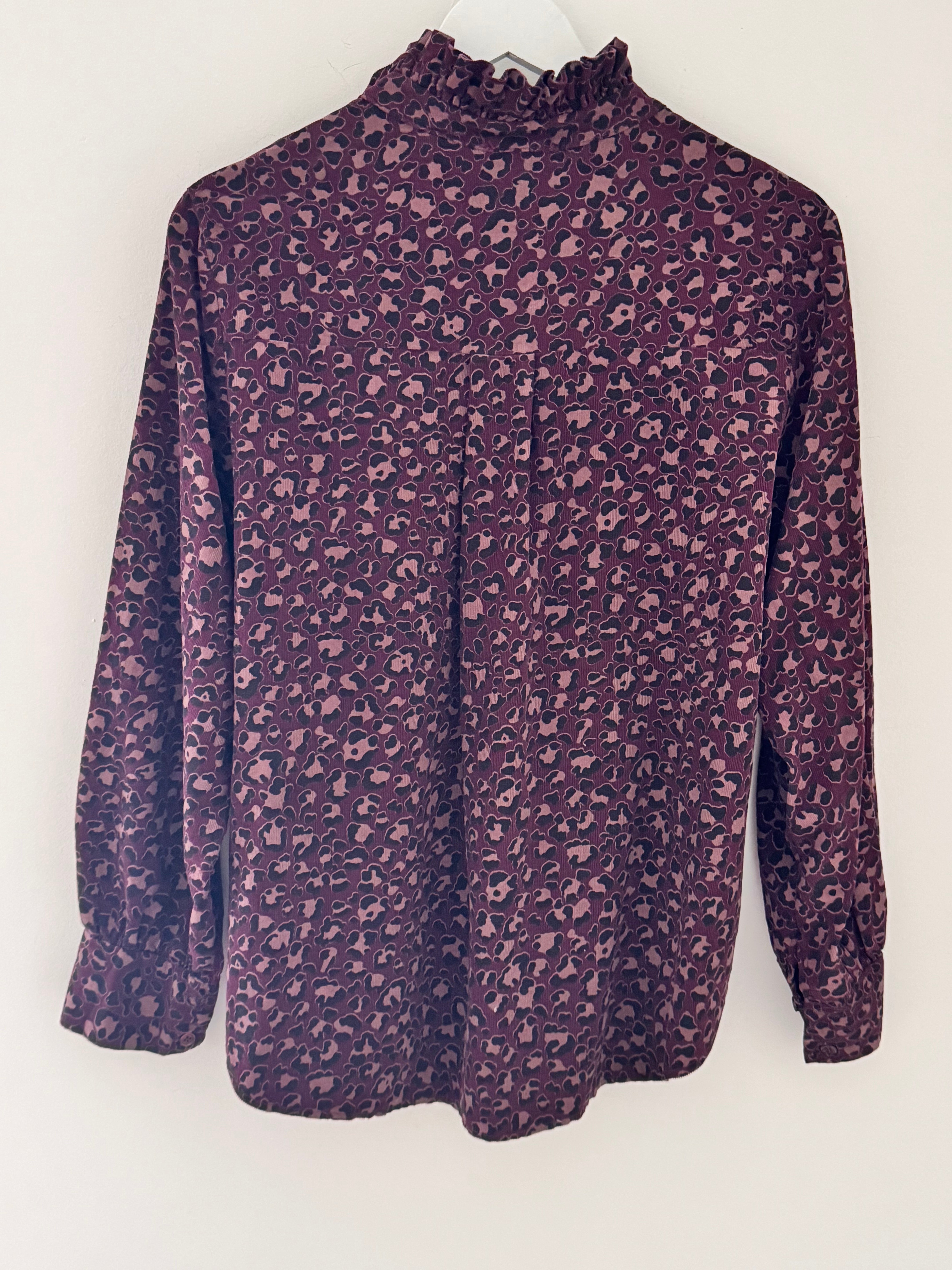 Needlecord Ruffle Blouse in Damson Leopard