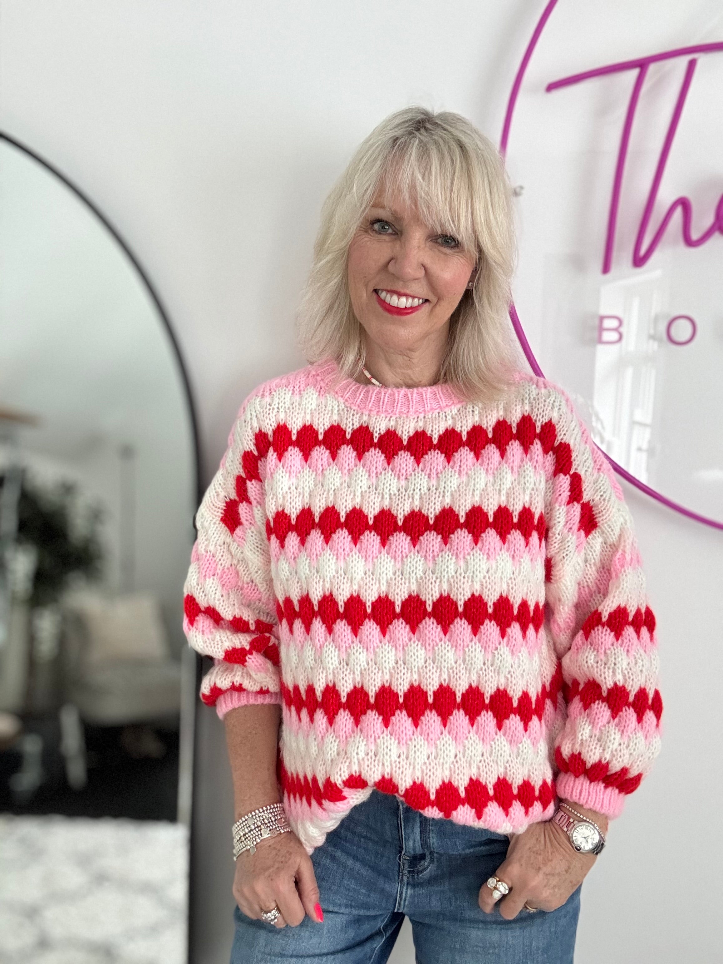 Waffle Knit Jumper in Pink & Red