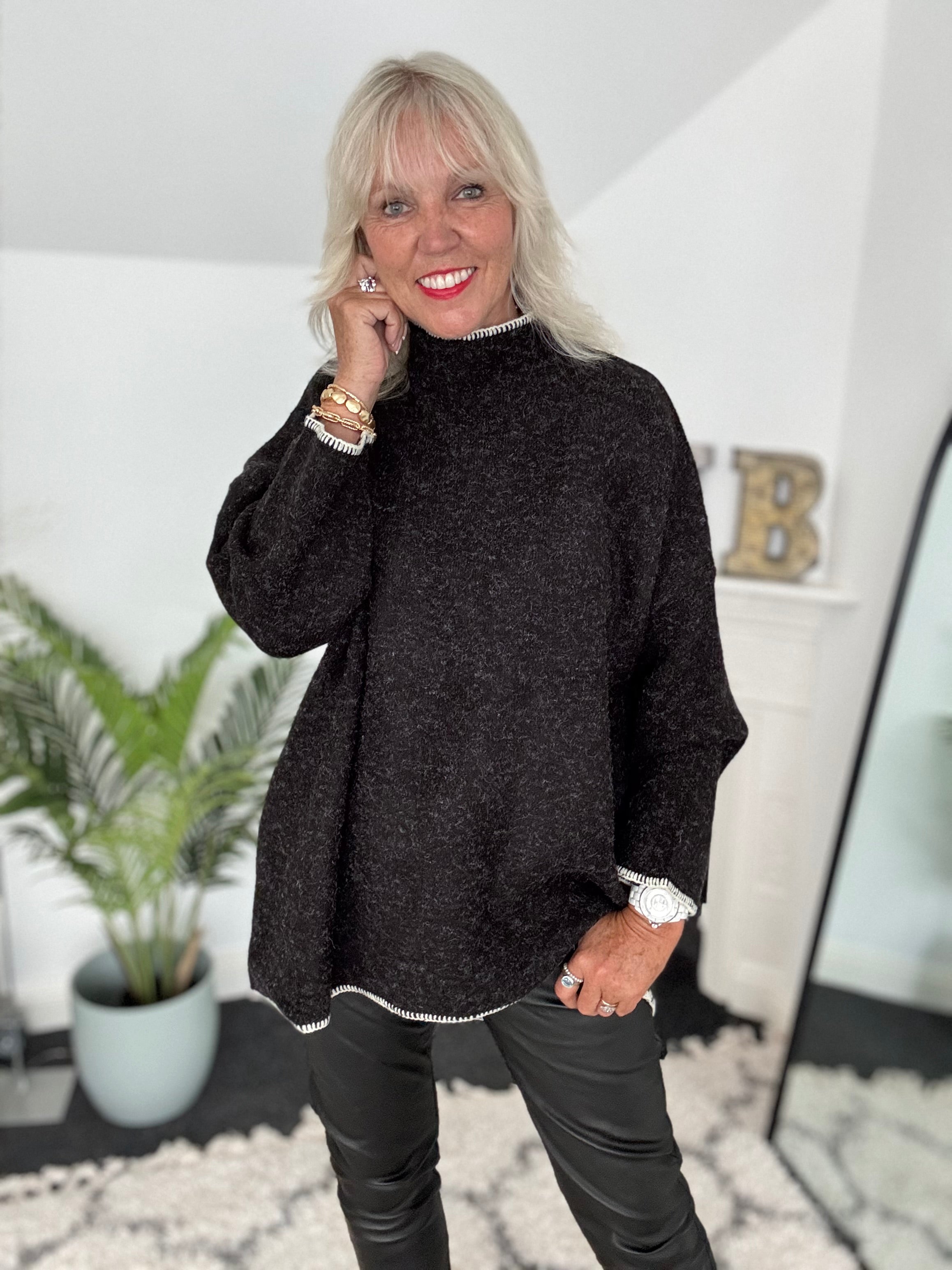 Blanket Stitch Jumper in Charcoal