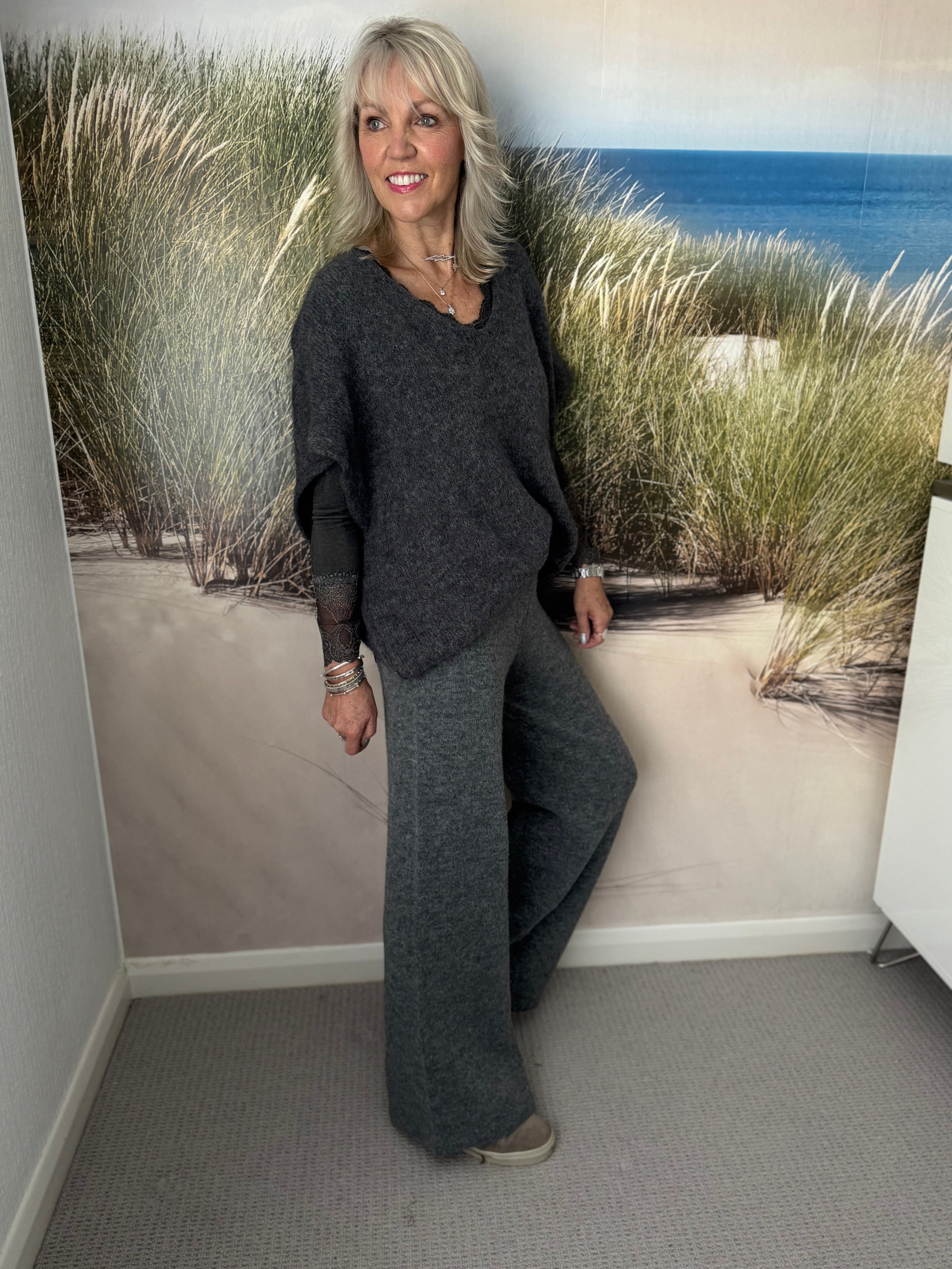 Wide Leg Knitted Trousers in Charcoal