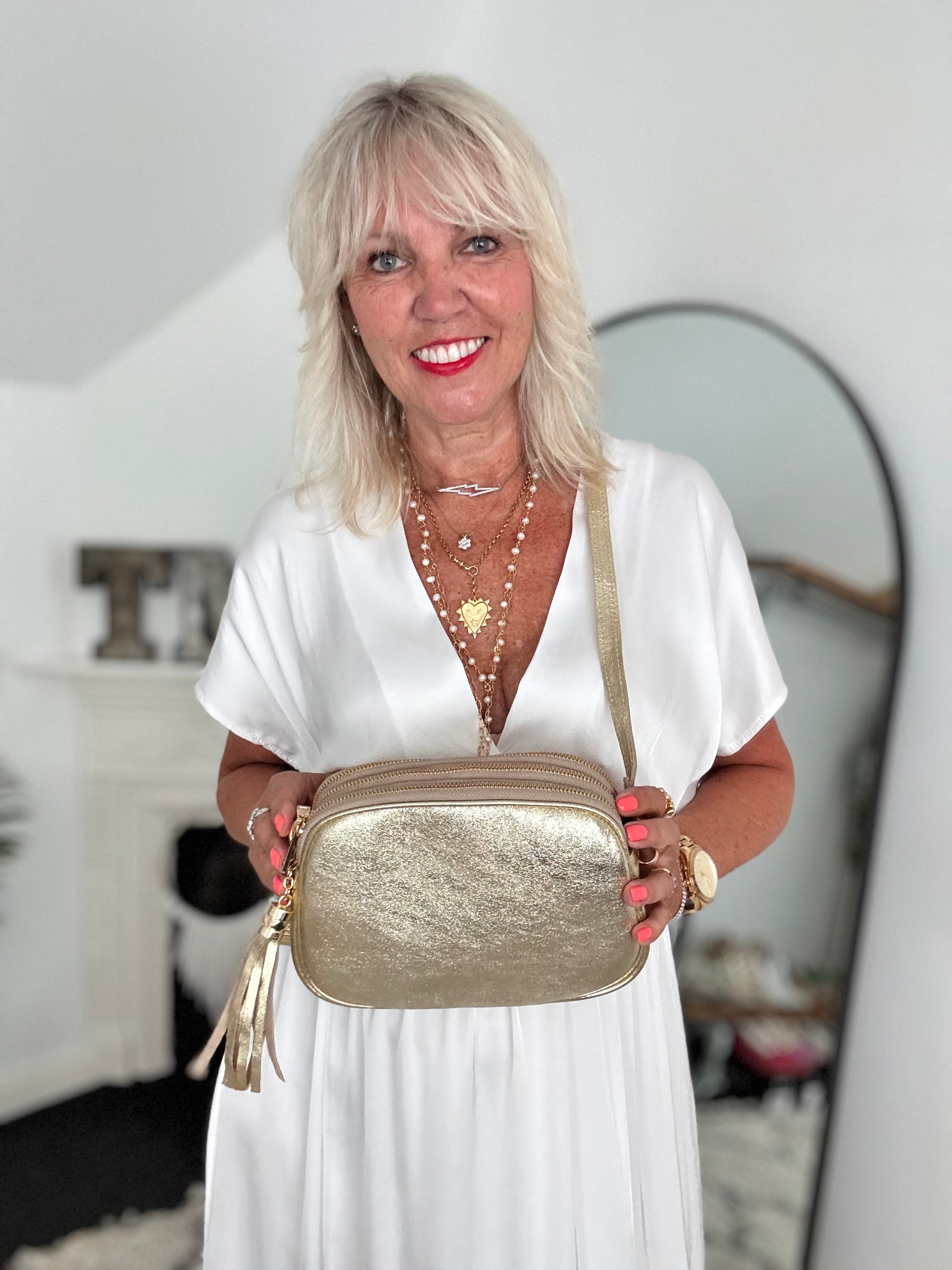 Metallic Leather Crossbody Bag in Gold