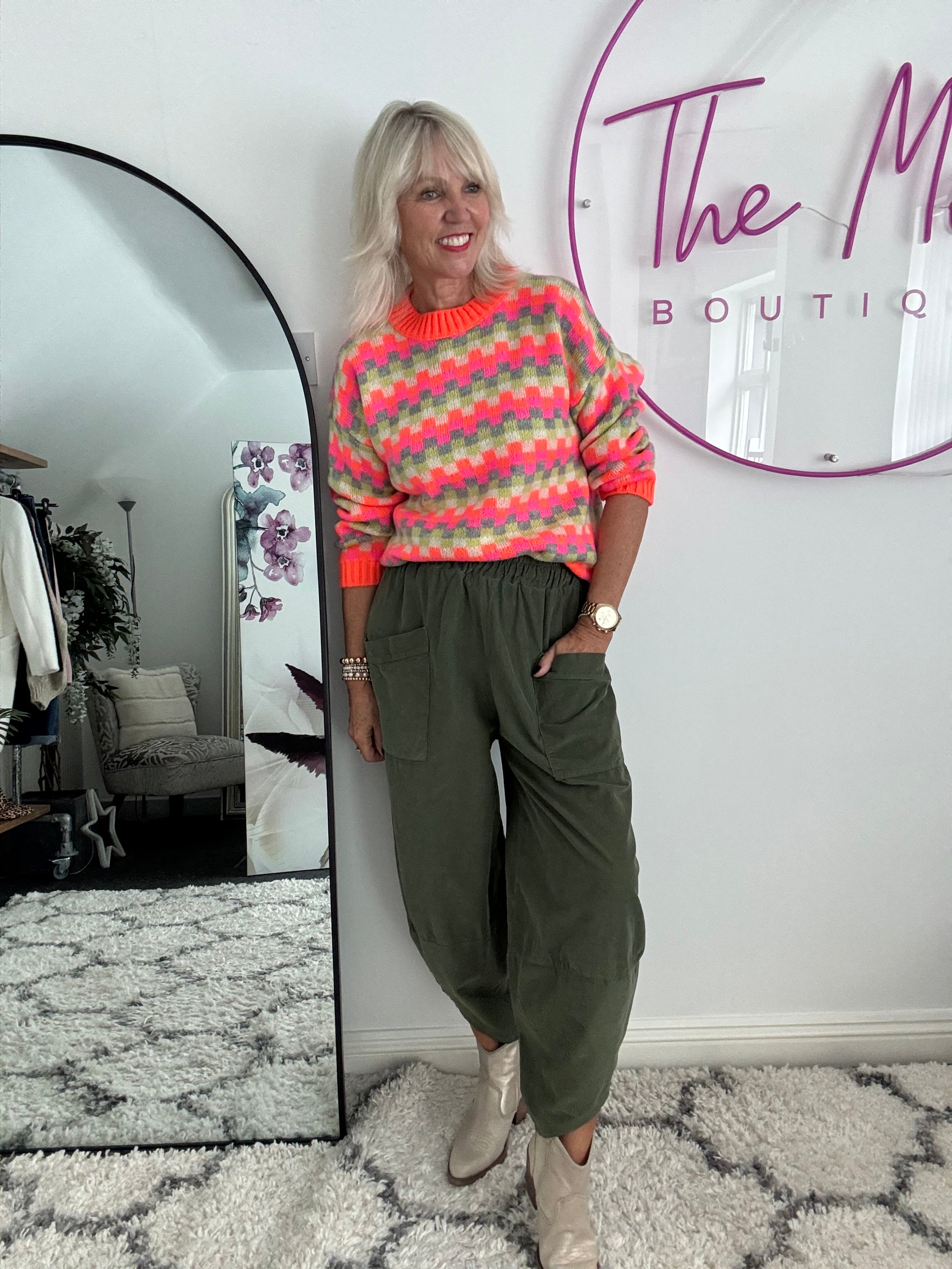 Cord Barrel Leg Trousers in Khaki