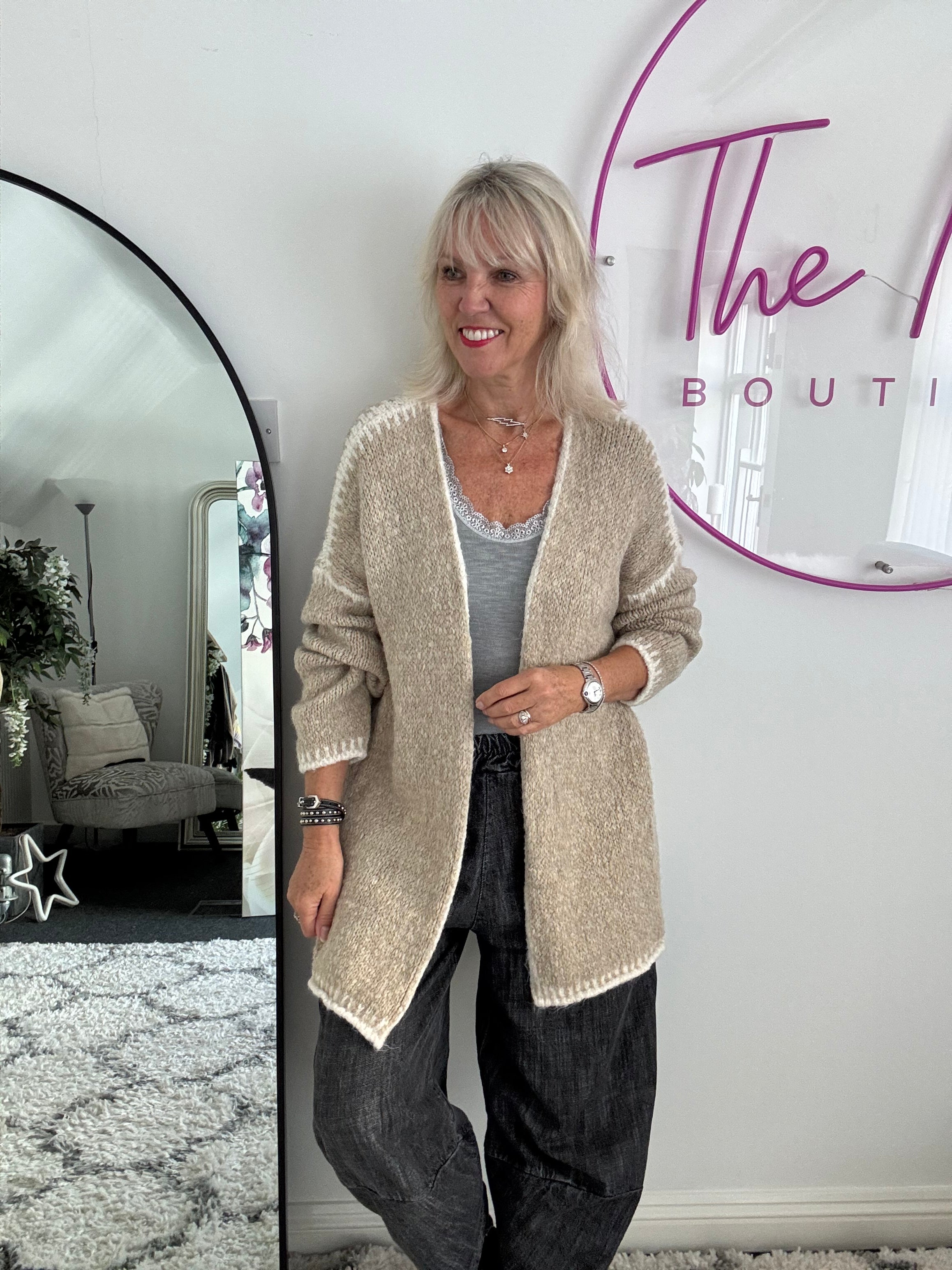 Whip Stitch Cardi in Stone & Ivory