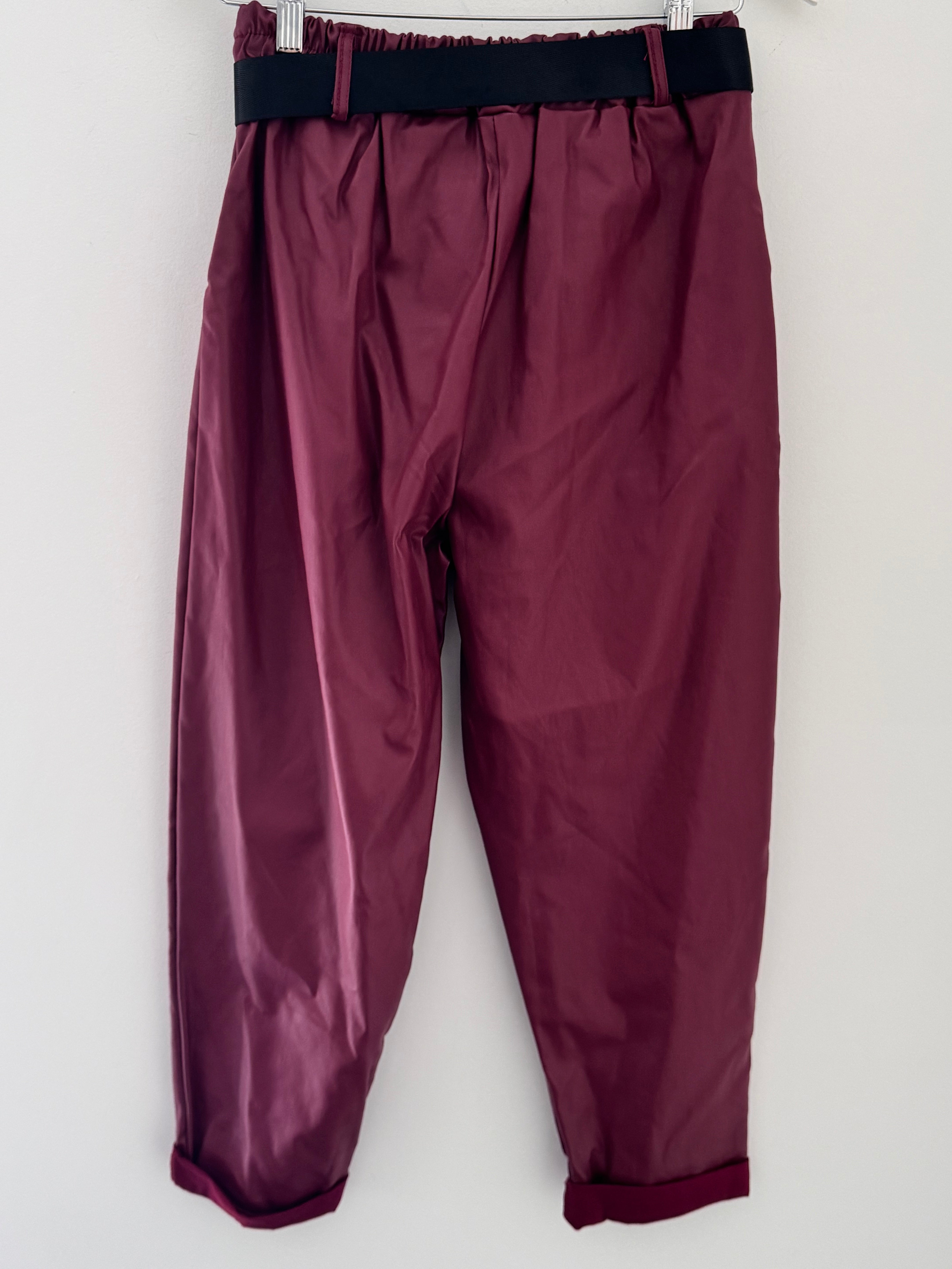 Super Stretch Waxed Barrel Trousers in Berry