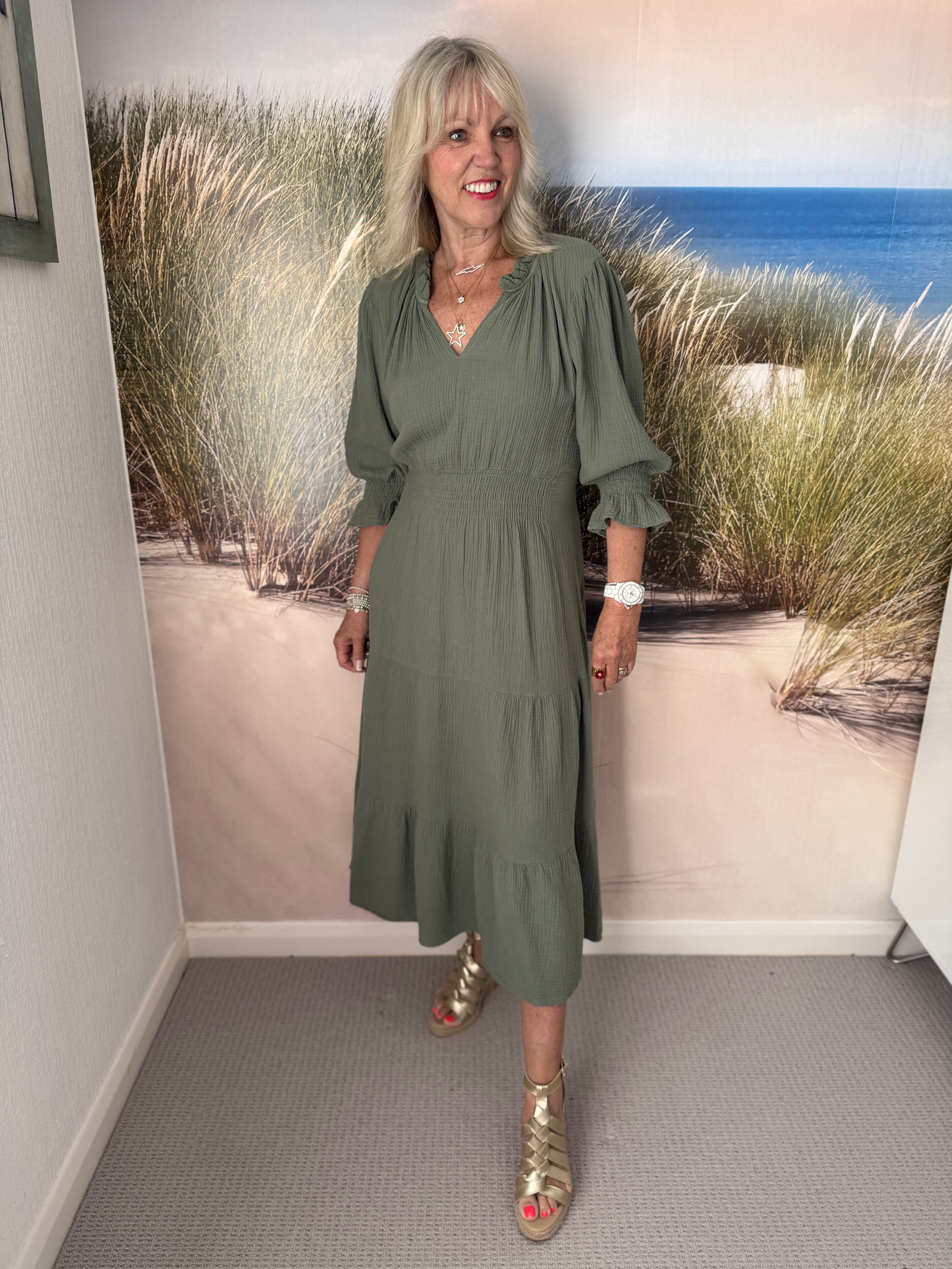 Cheesecloth Midi Dress in Khaki