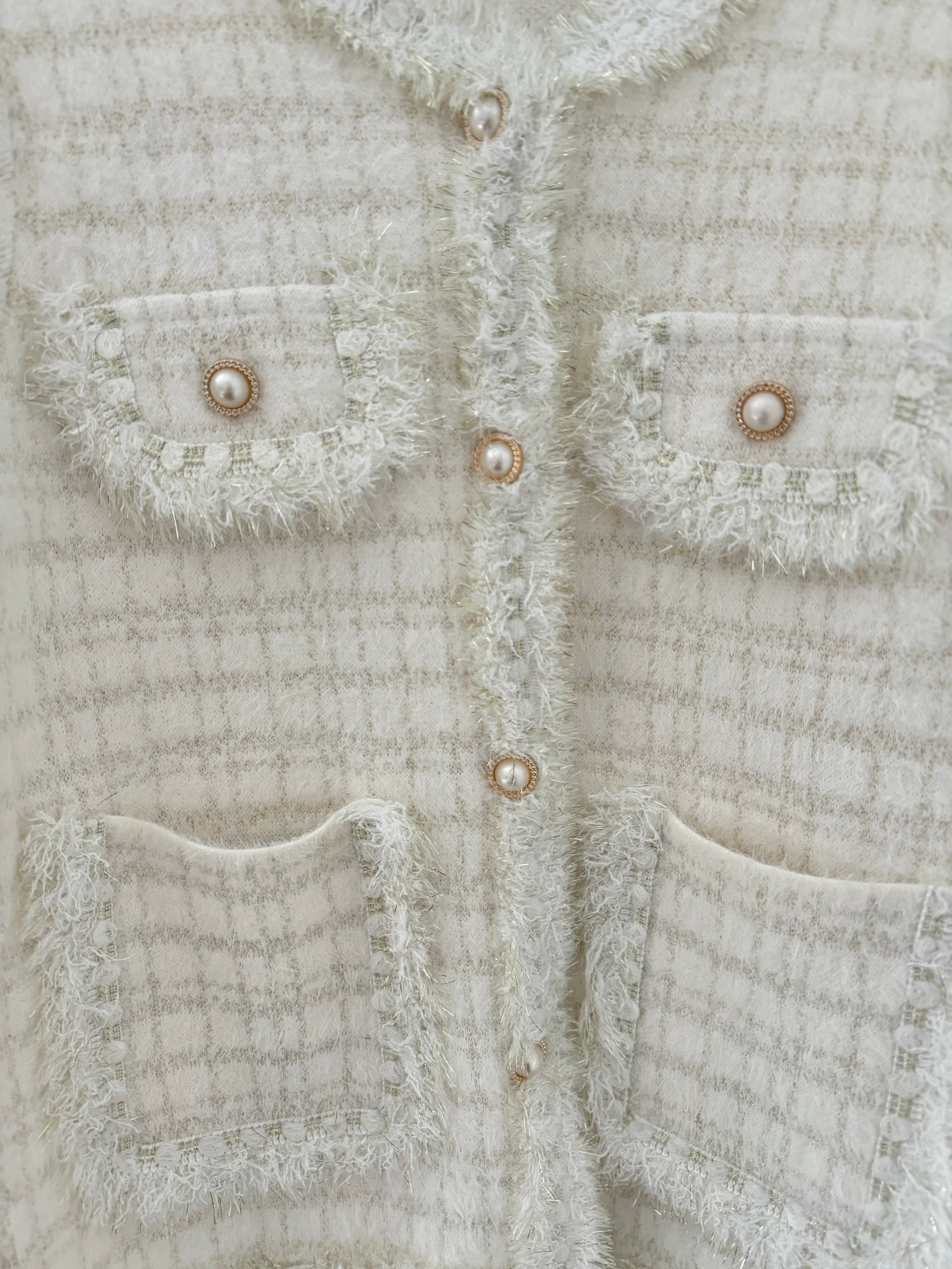 Pearl Button & Tweed Cardi Jacket in Ivory