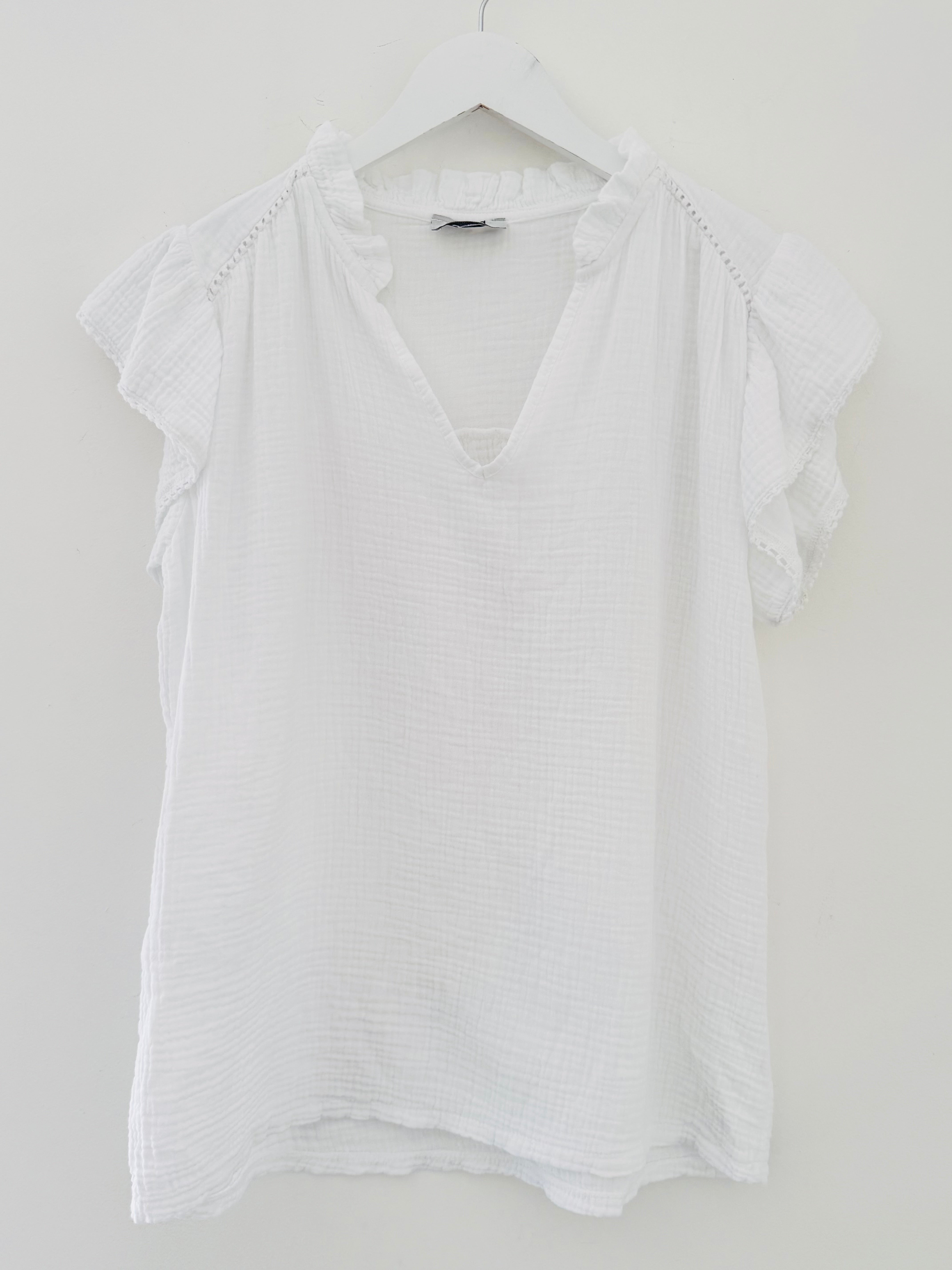 Cheesecloth Top with Ruffle Sleeves in White