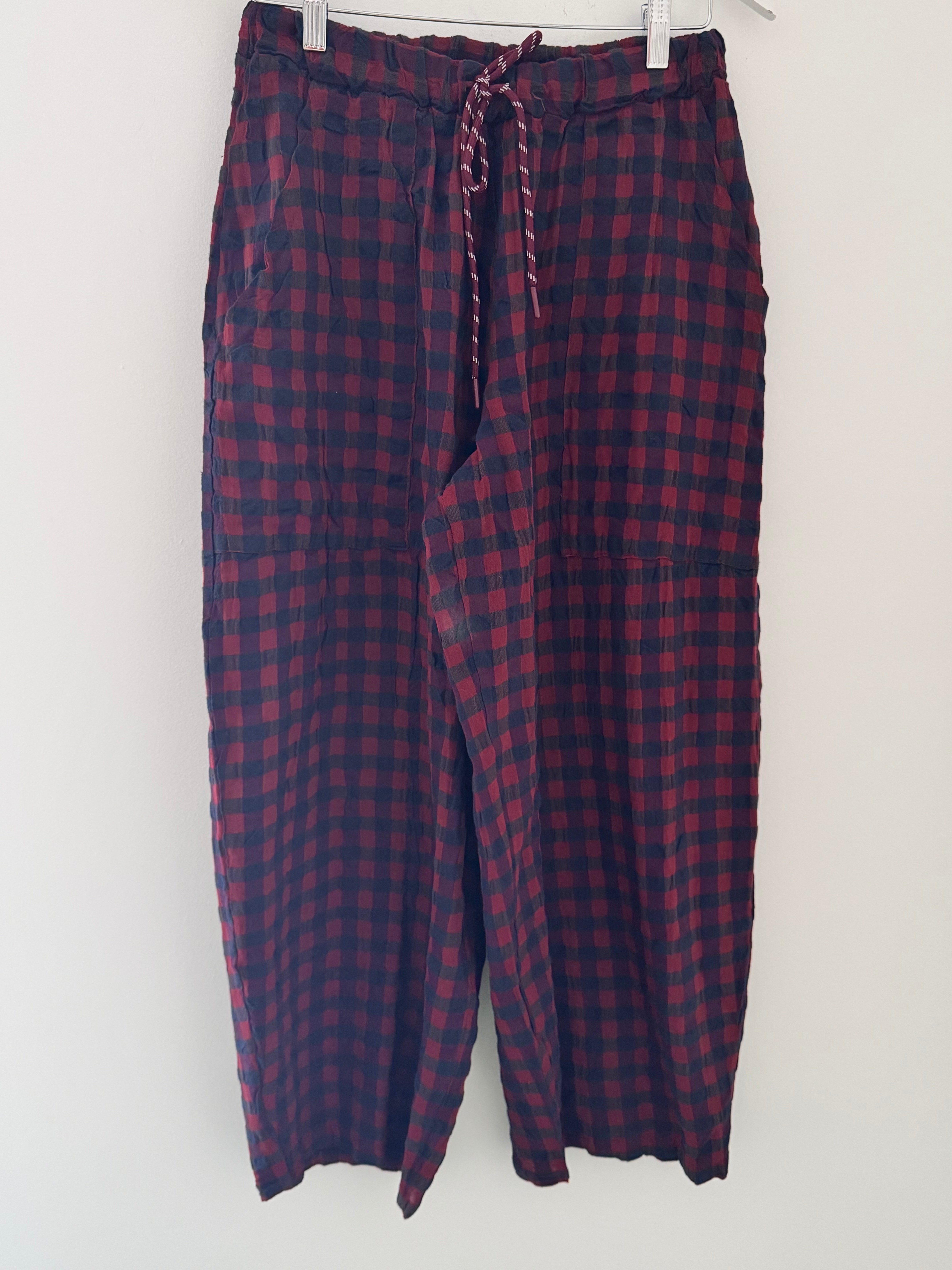 Barrel Check Trousers in Berry & Navy