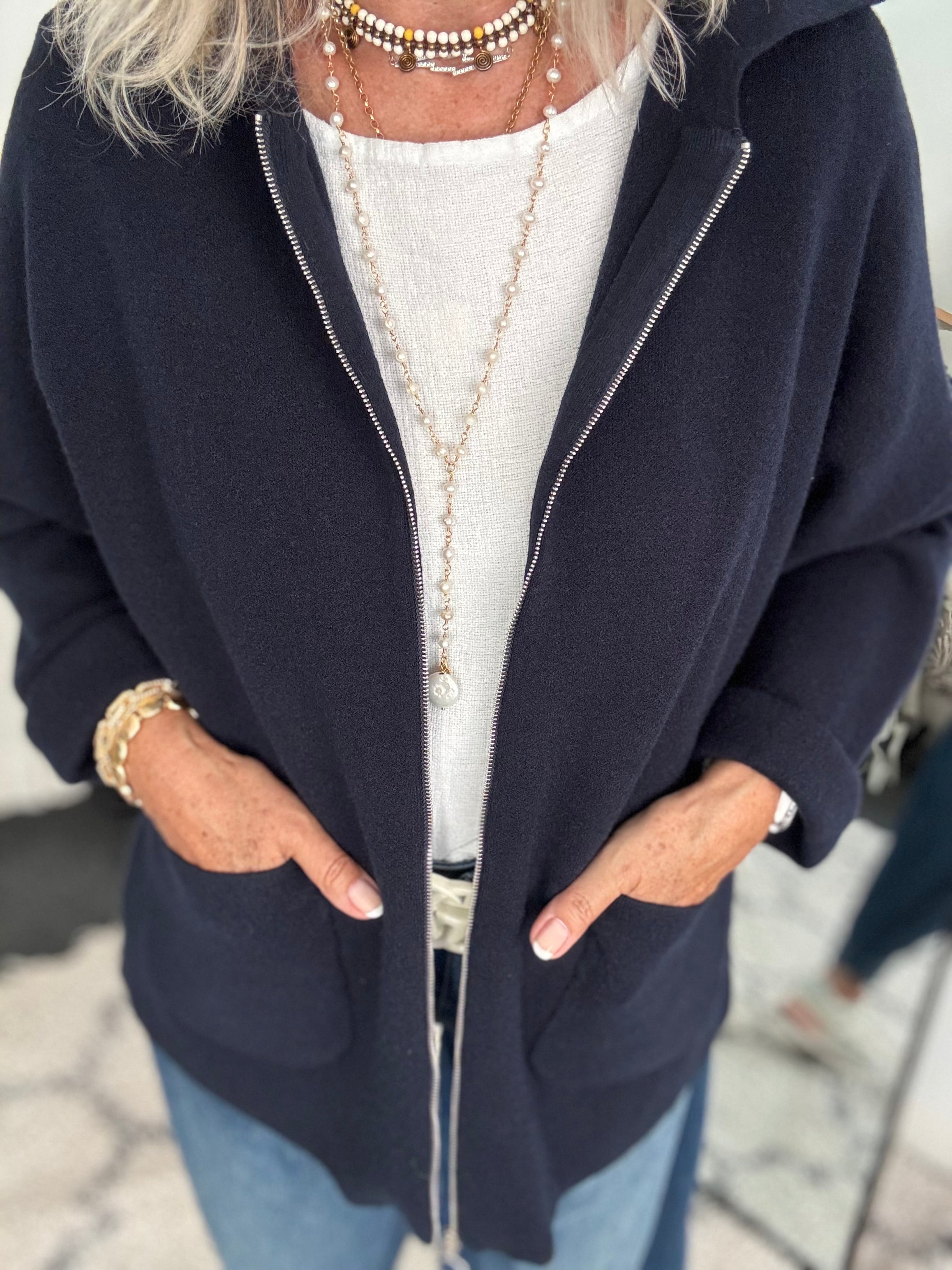 Hooded Zipped Coatigan in Navy