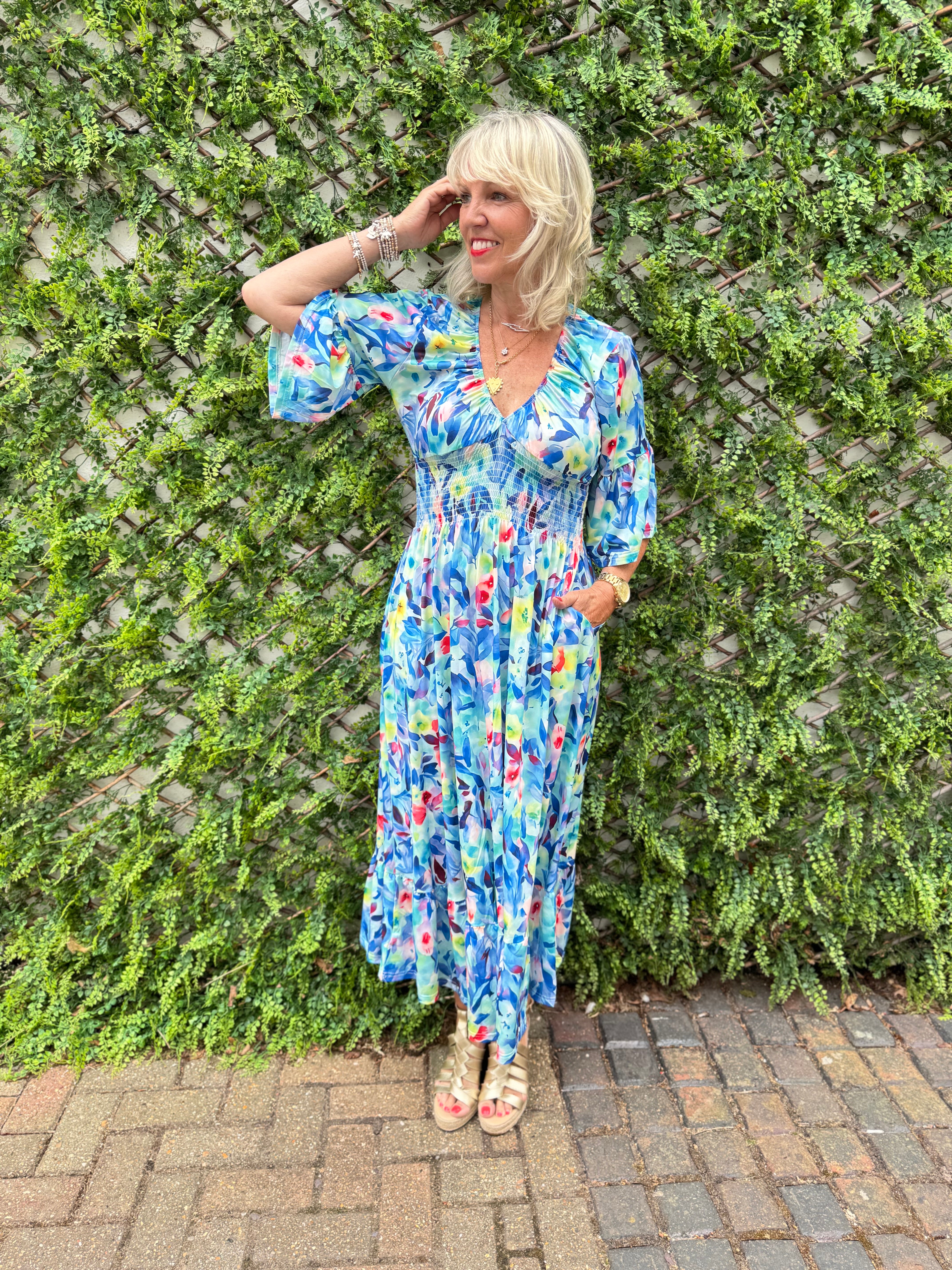 Silky Stretch Dress in Blue & Pink