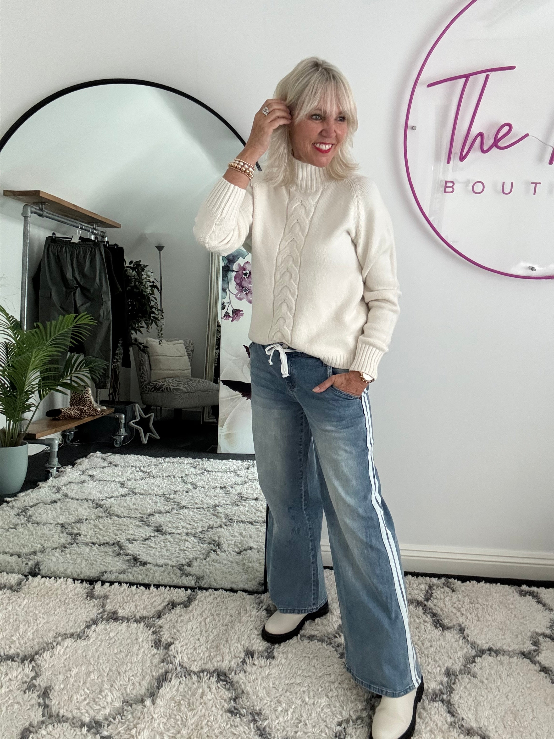 Soft Flared Jeans with Side Stripes in Light Denim