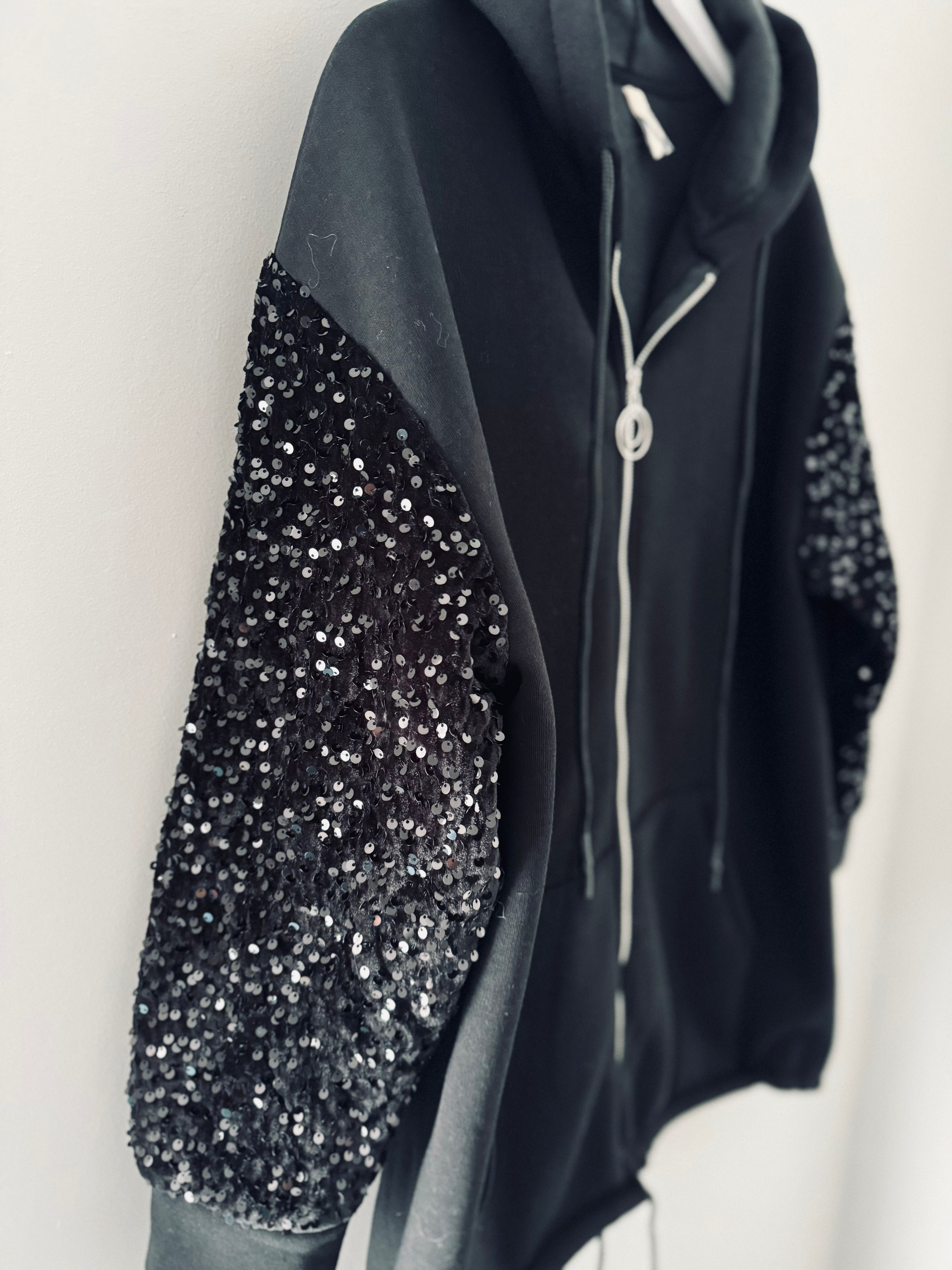 Hooded Jacket with Velvet Sequin Arms in Black