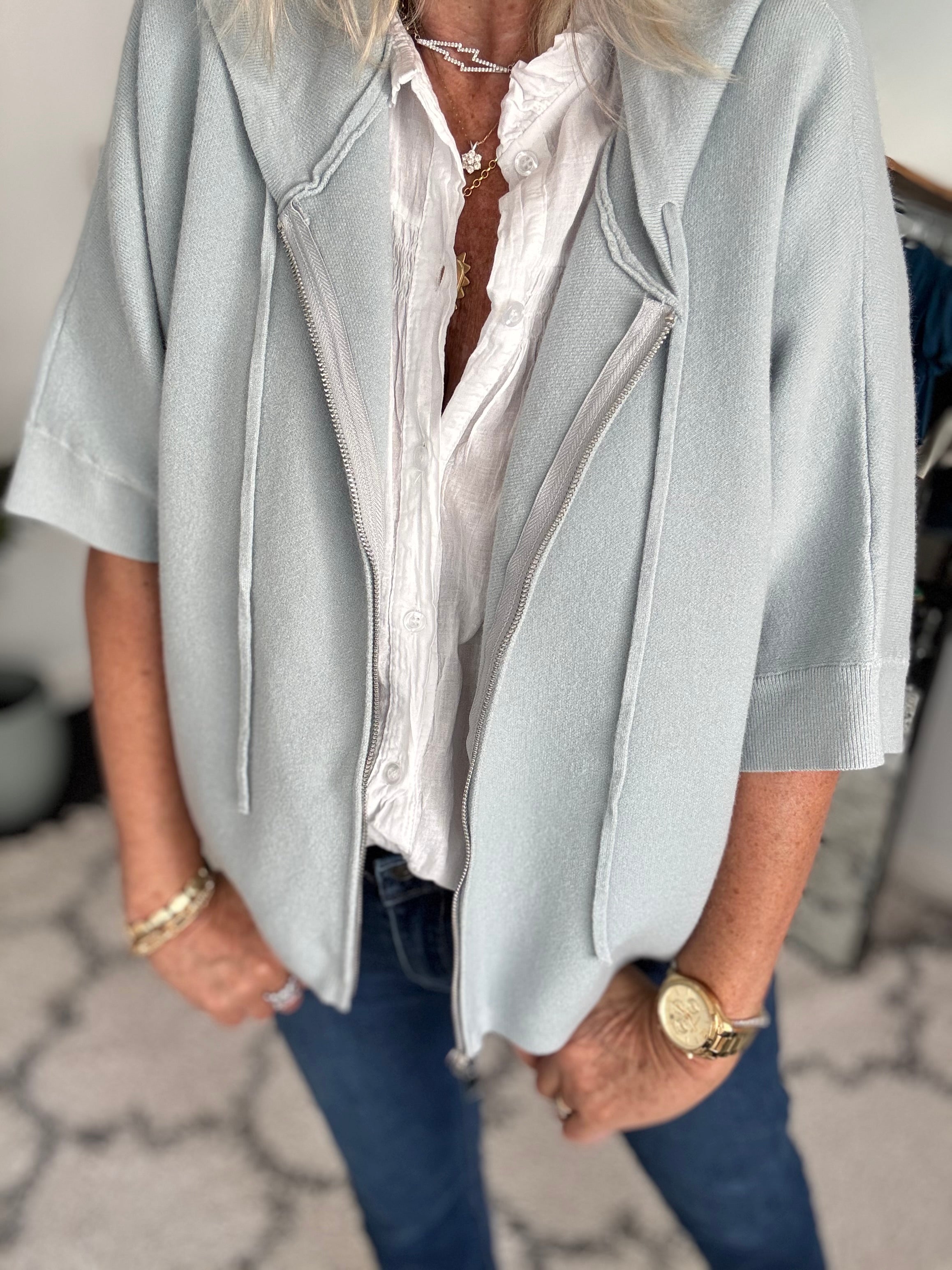 Soft Hooded Zipped Knit in Wedgewood