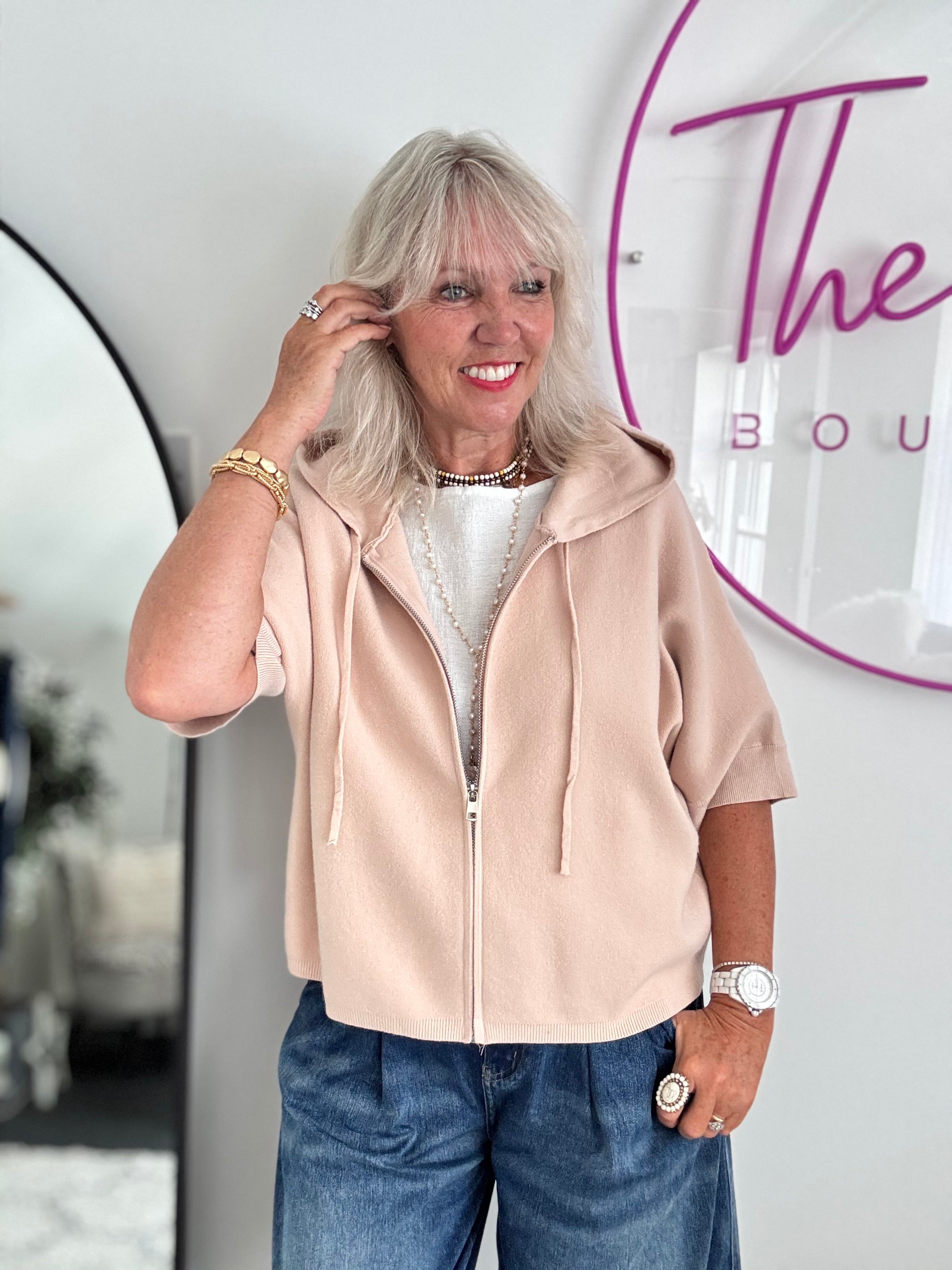 Soft Hooded Zipped Knit in Pink
