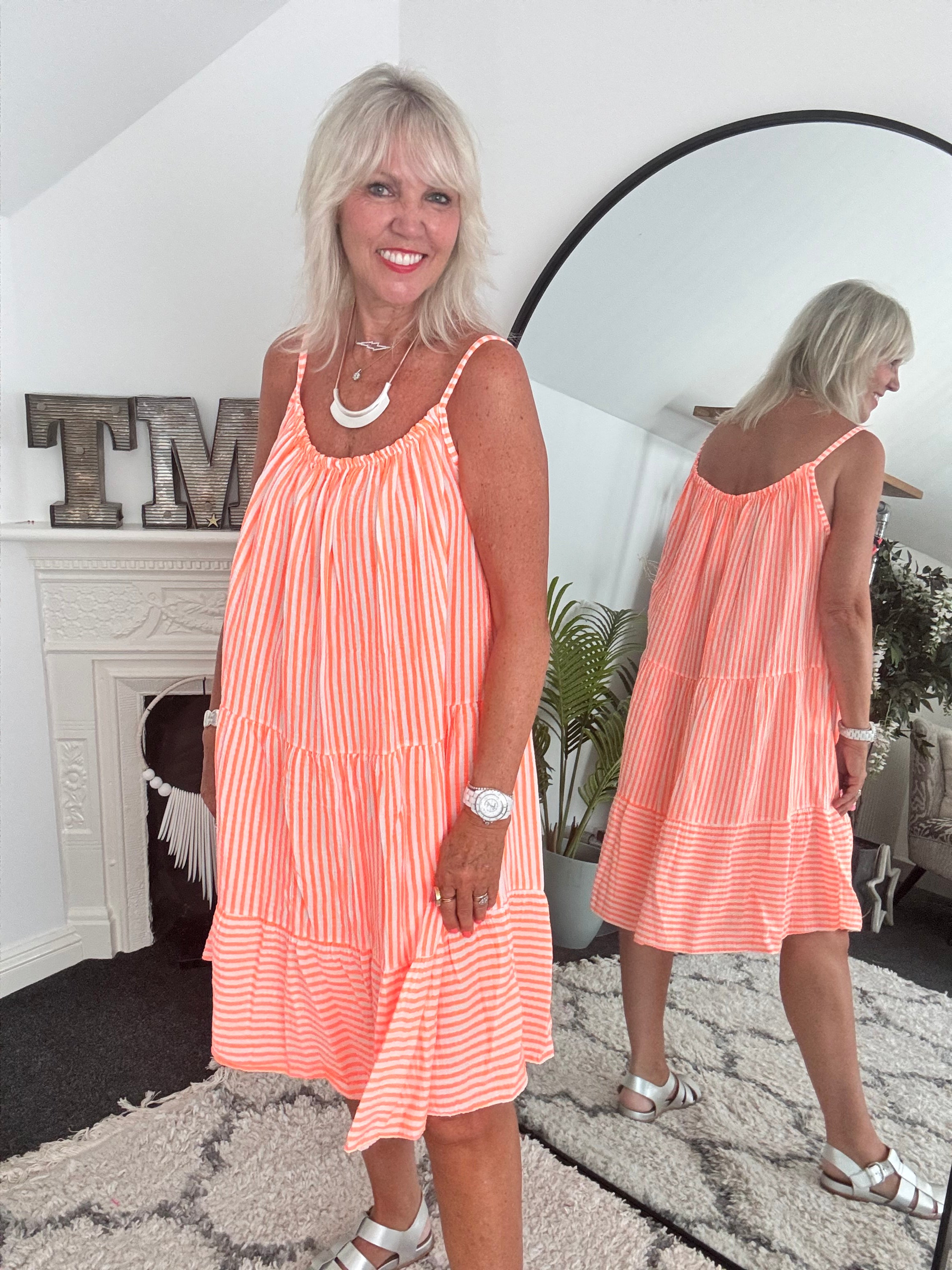 Stripe Cheesecloth Dress in Neon Orange & White