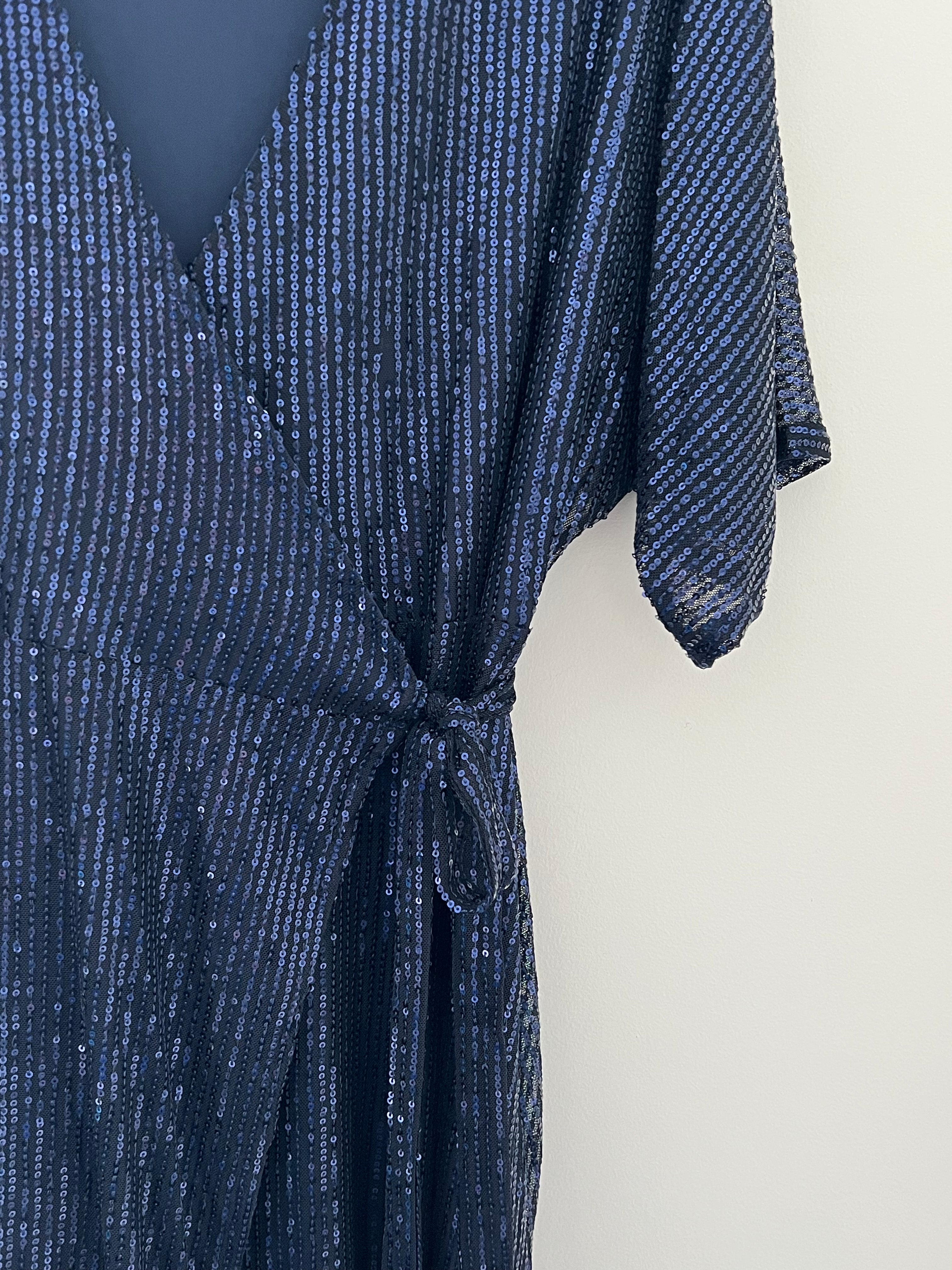 Sequin Wrap Dress in Midnight Blue