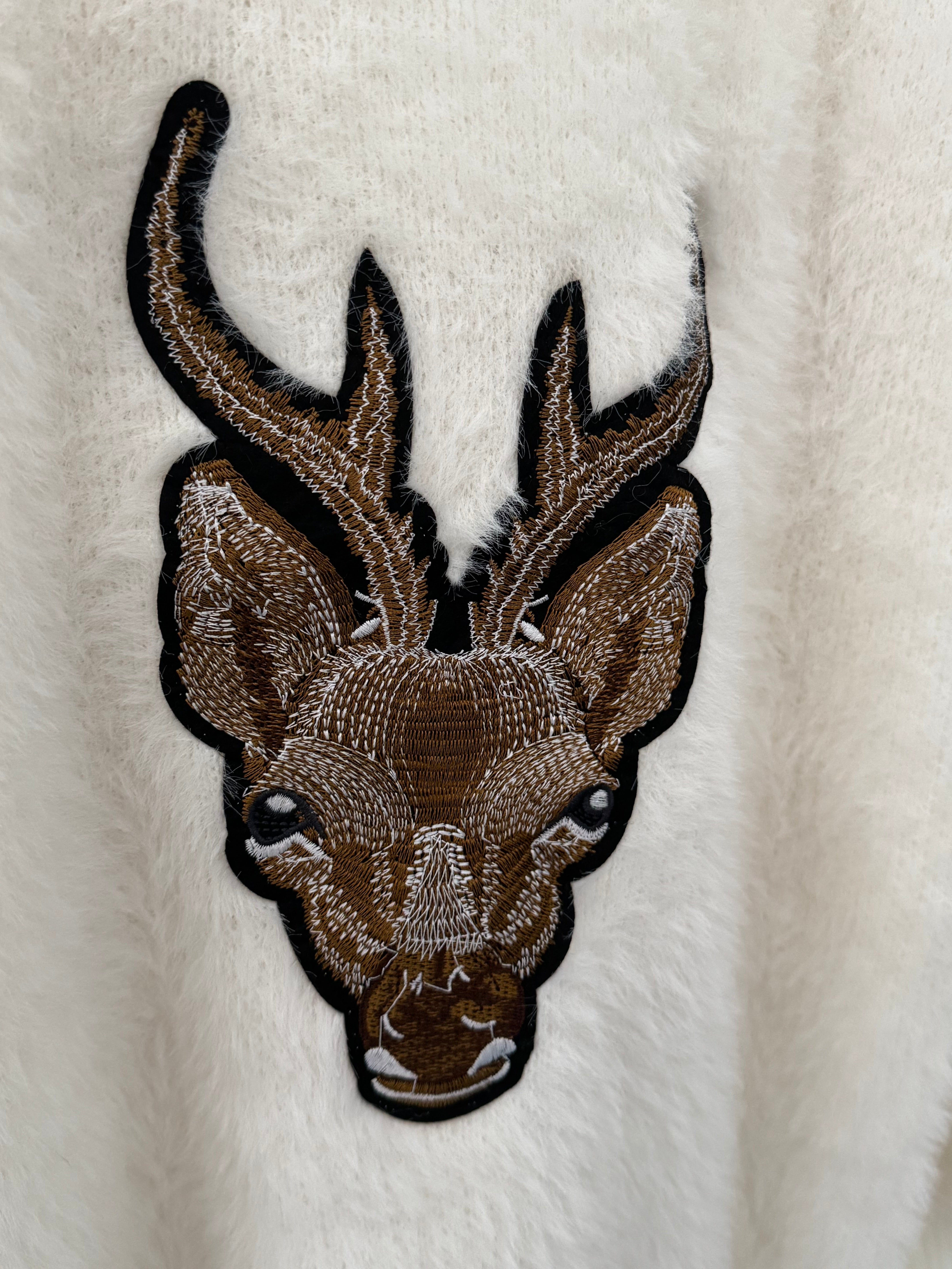 Oh Deer Fluffy Jumper in Winter White