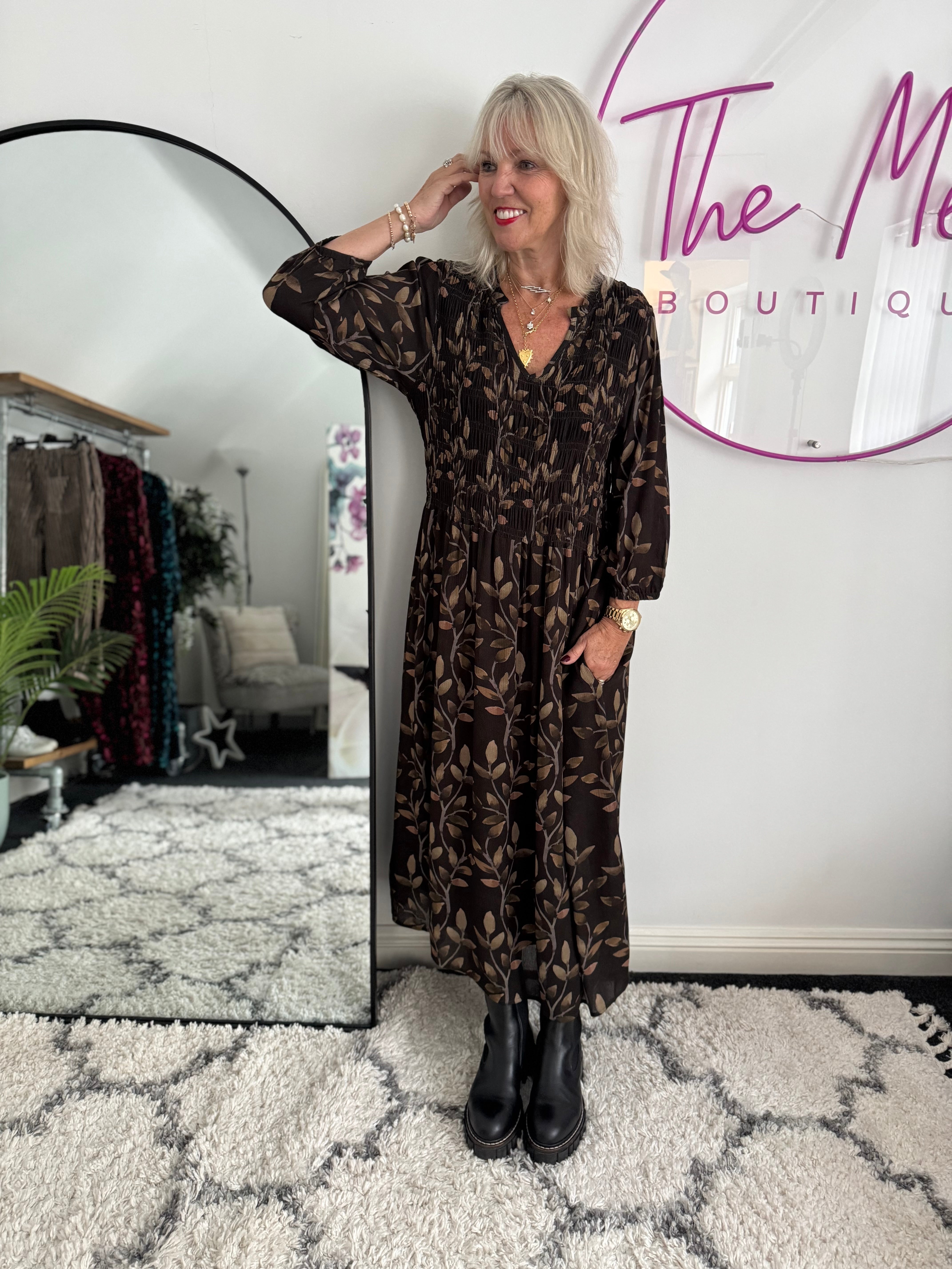 Leaf Print Dress with Shirred Bodice in Chocolate