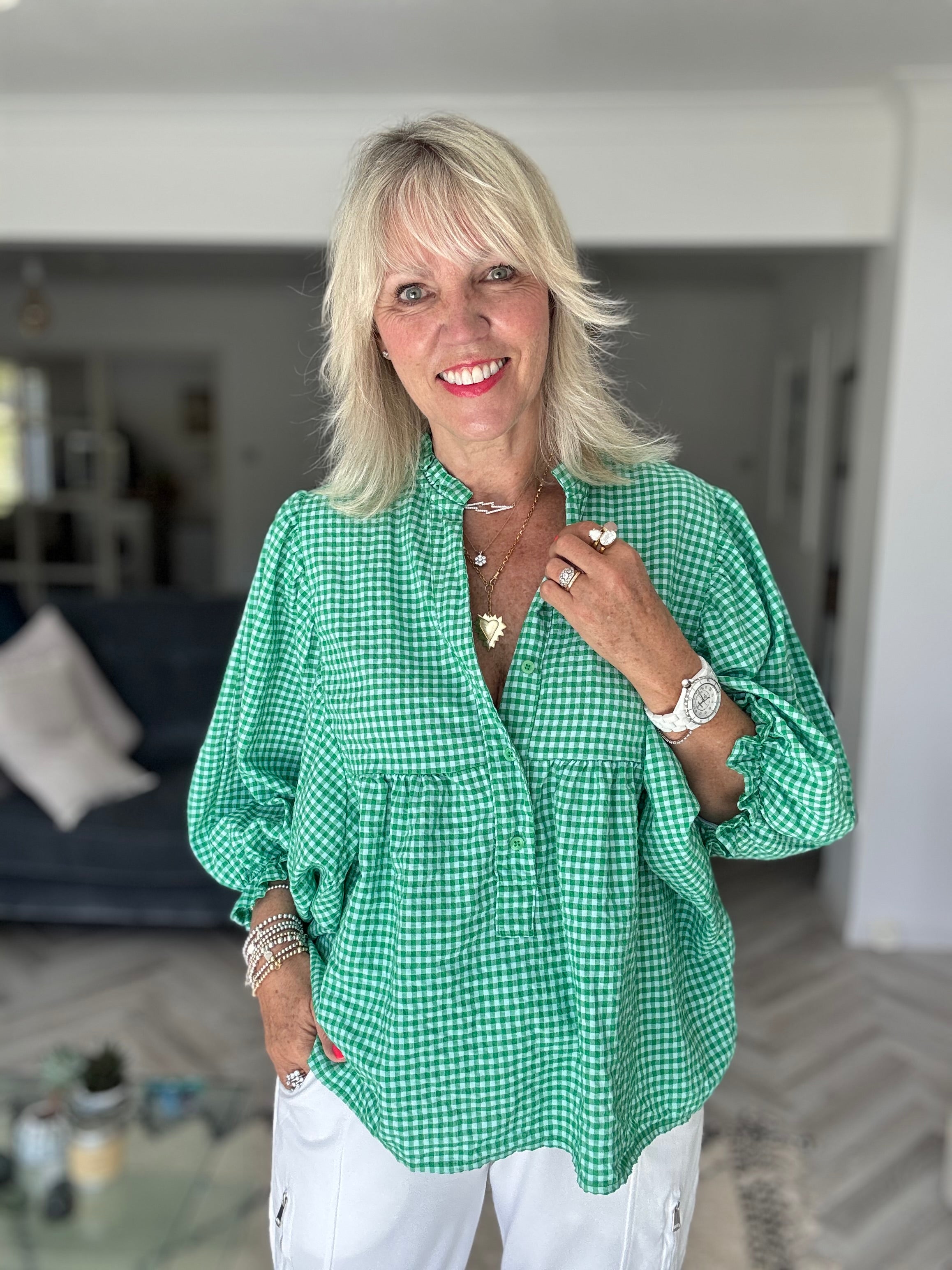 Gingham Seersucker Blouse in Green