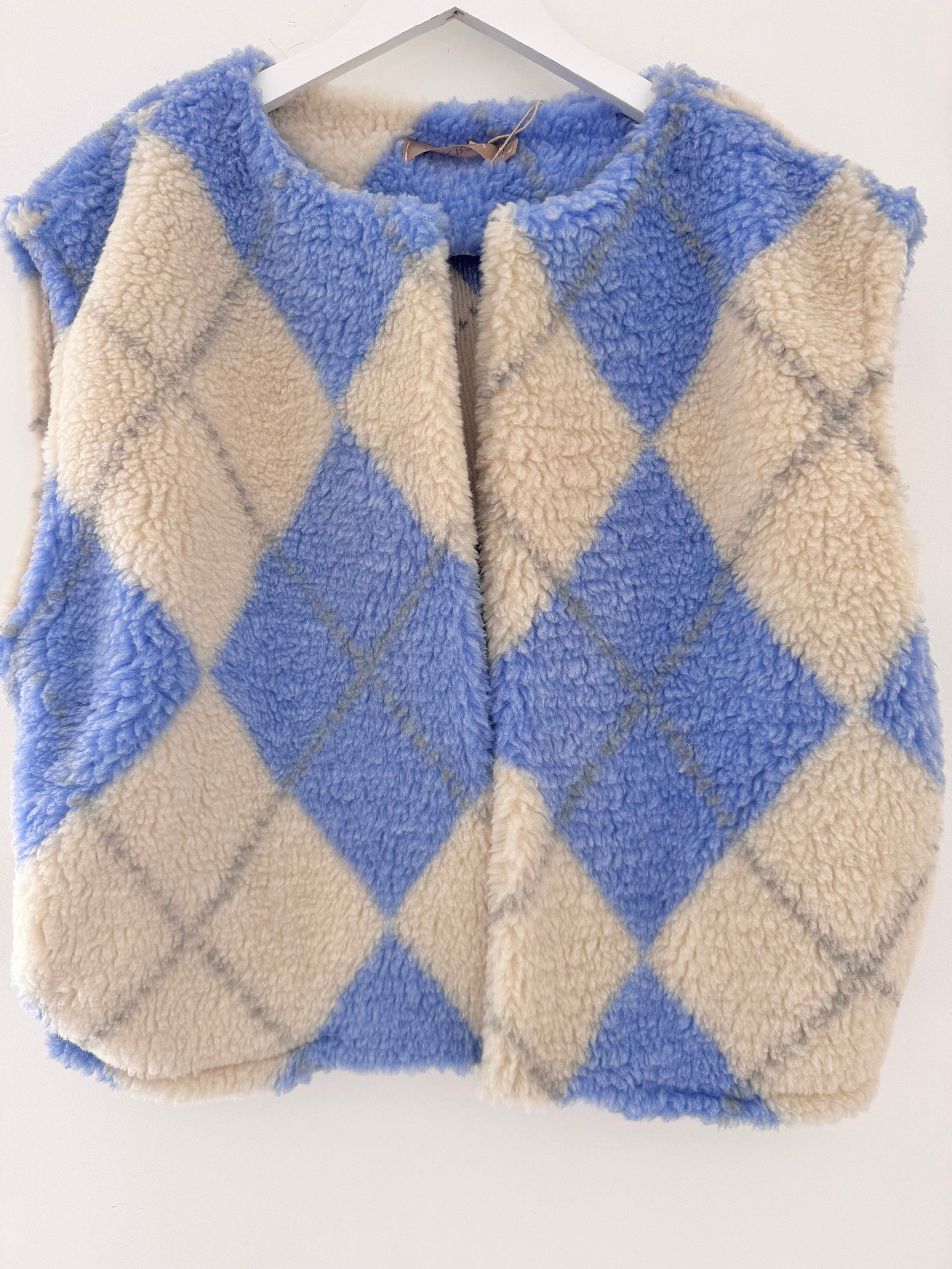 Check Teddy Gilet in Blue & Vanilla