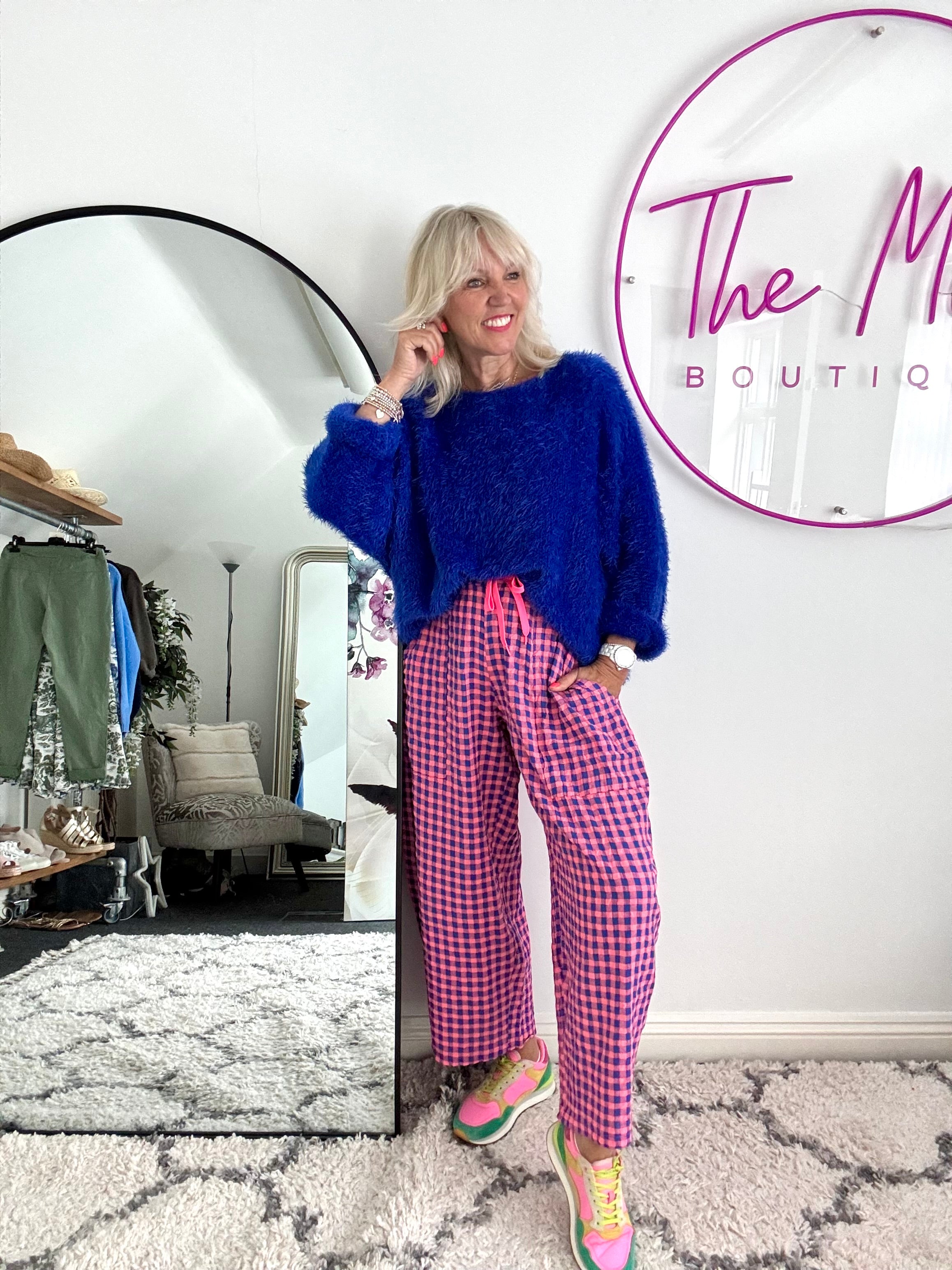 Barrel Check Trousers in Pink & Blue