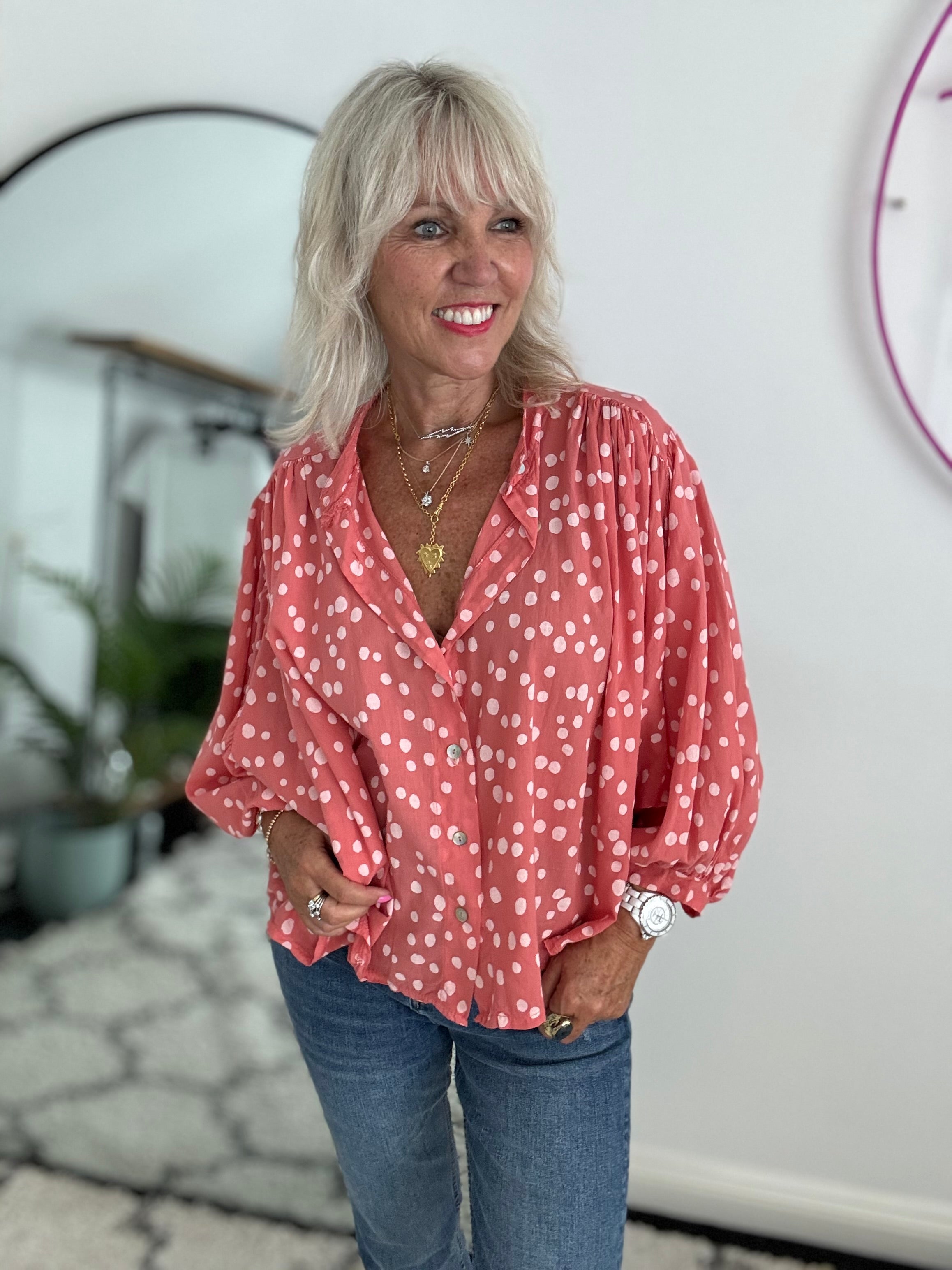 Cotton Batwing Blouse in Coral Spot