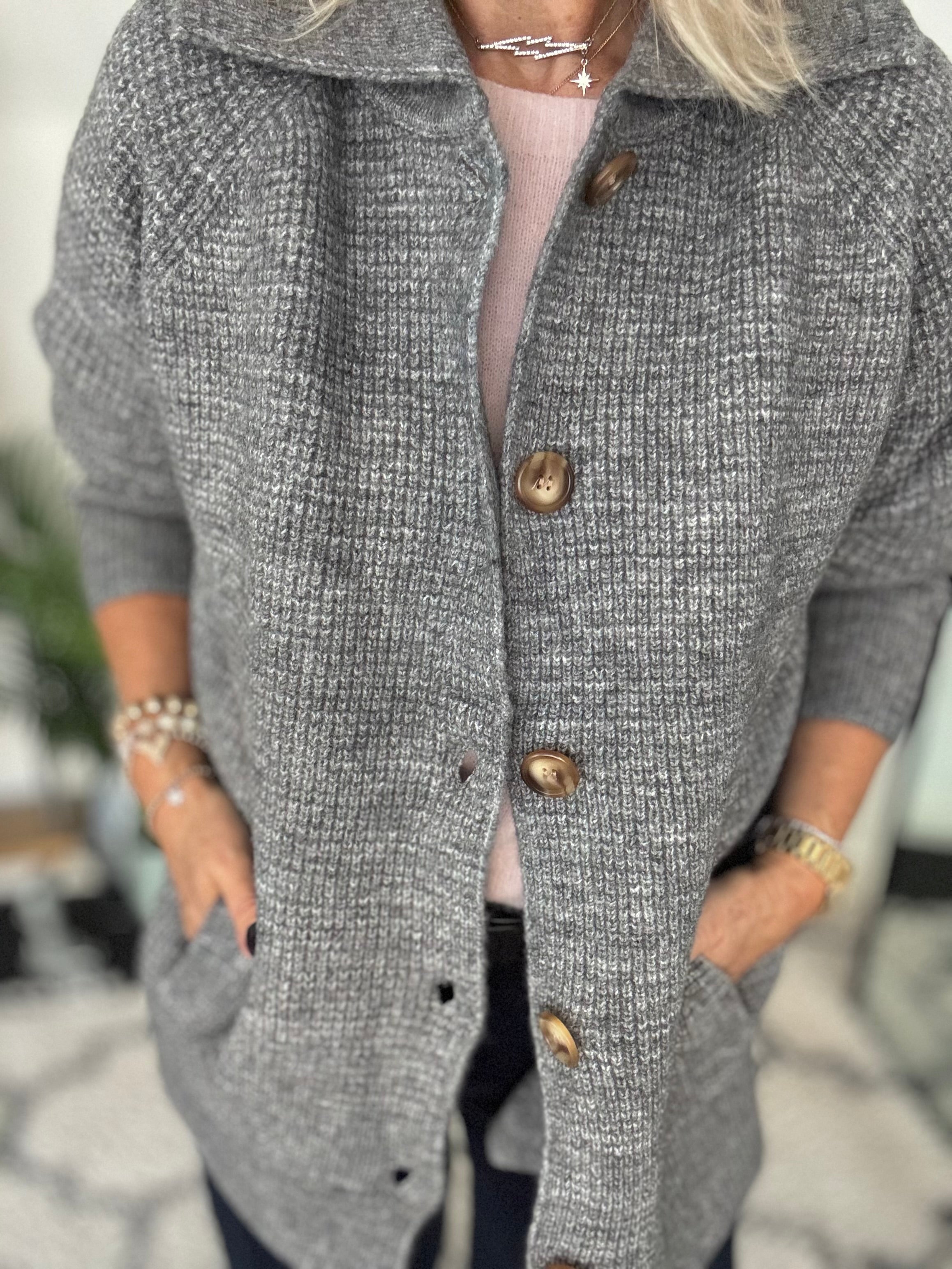 Fisherman Rib Knitted Jacket in Marl Grey