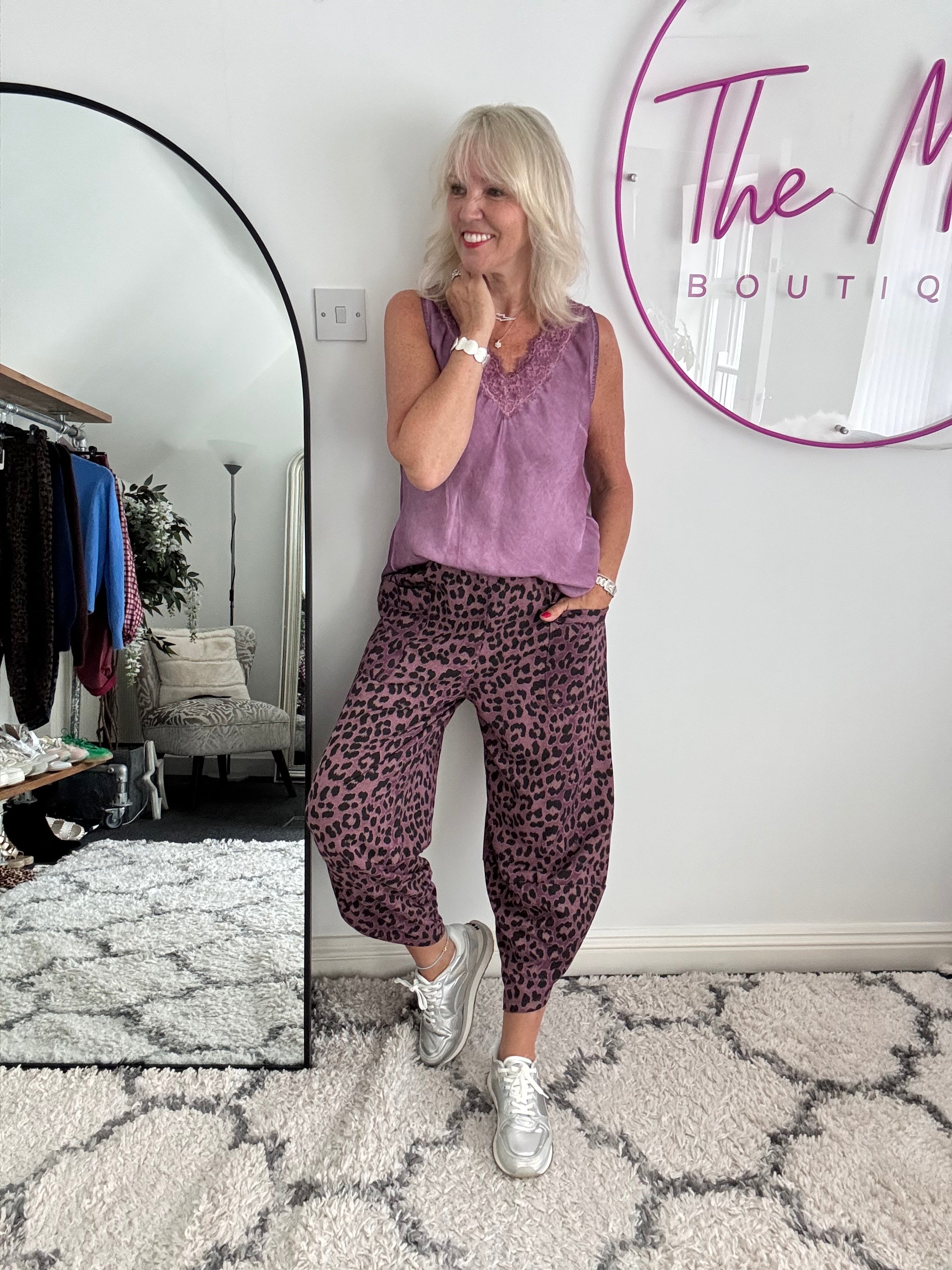 Barrel Stretch Trousers in Plum Leopard